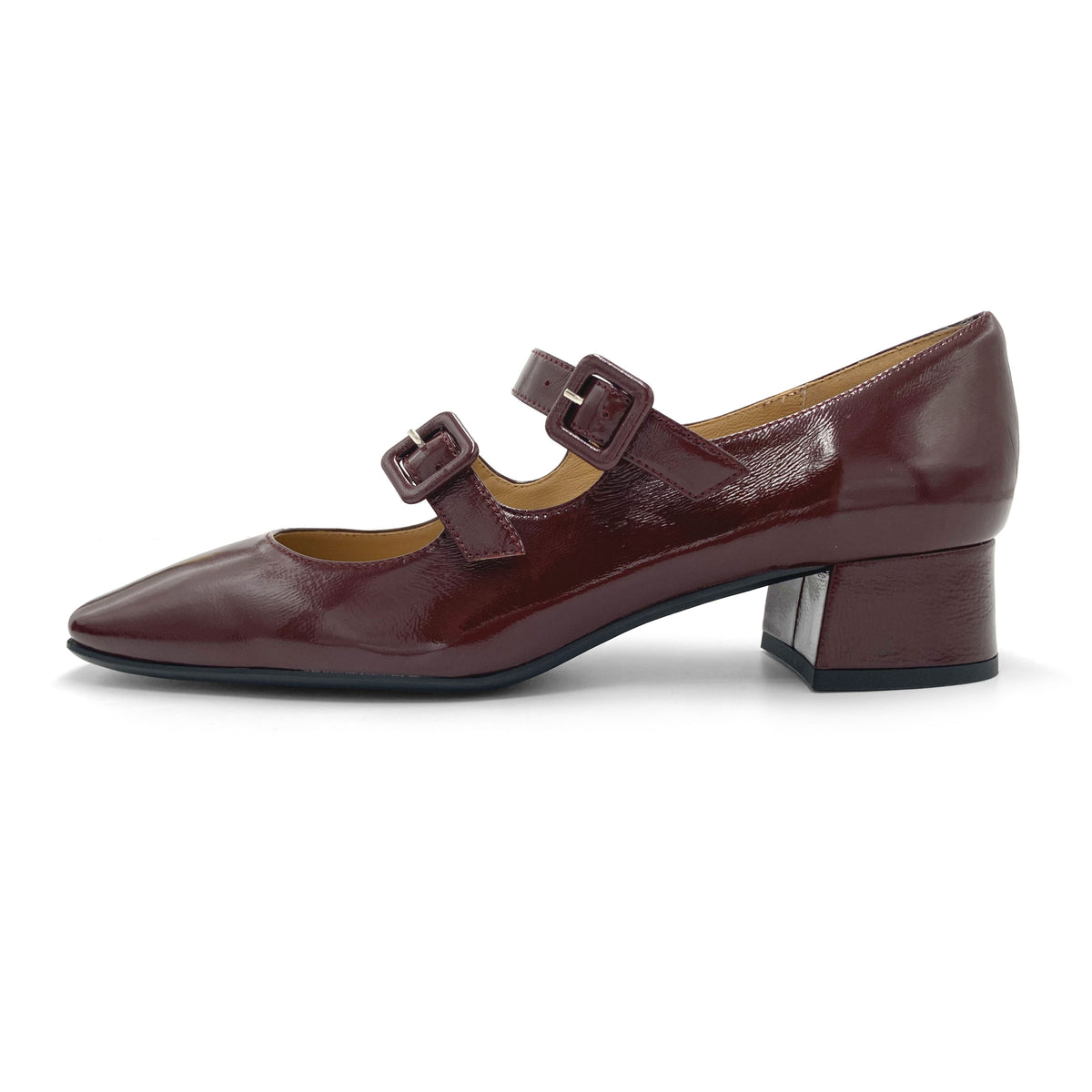 Shiny burgundy Mary Jane ballet flats with heel and square toe