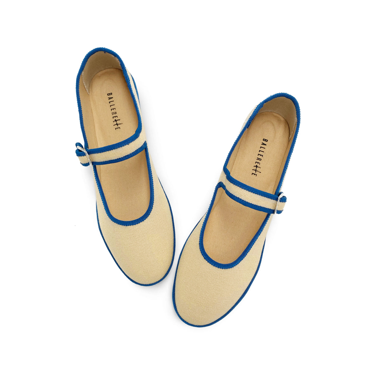 Ballerine friulane Mary Jane in cotone beige e dettagli blu