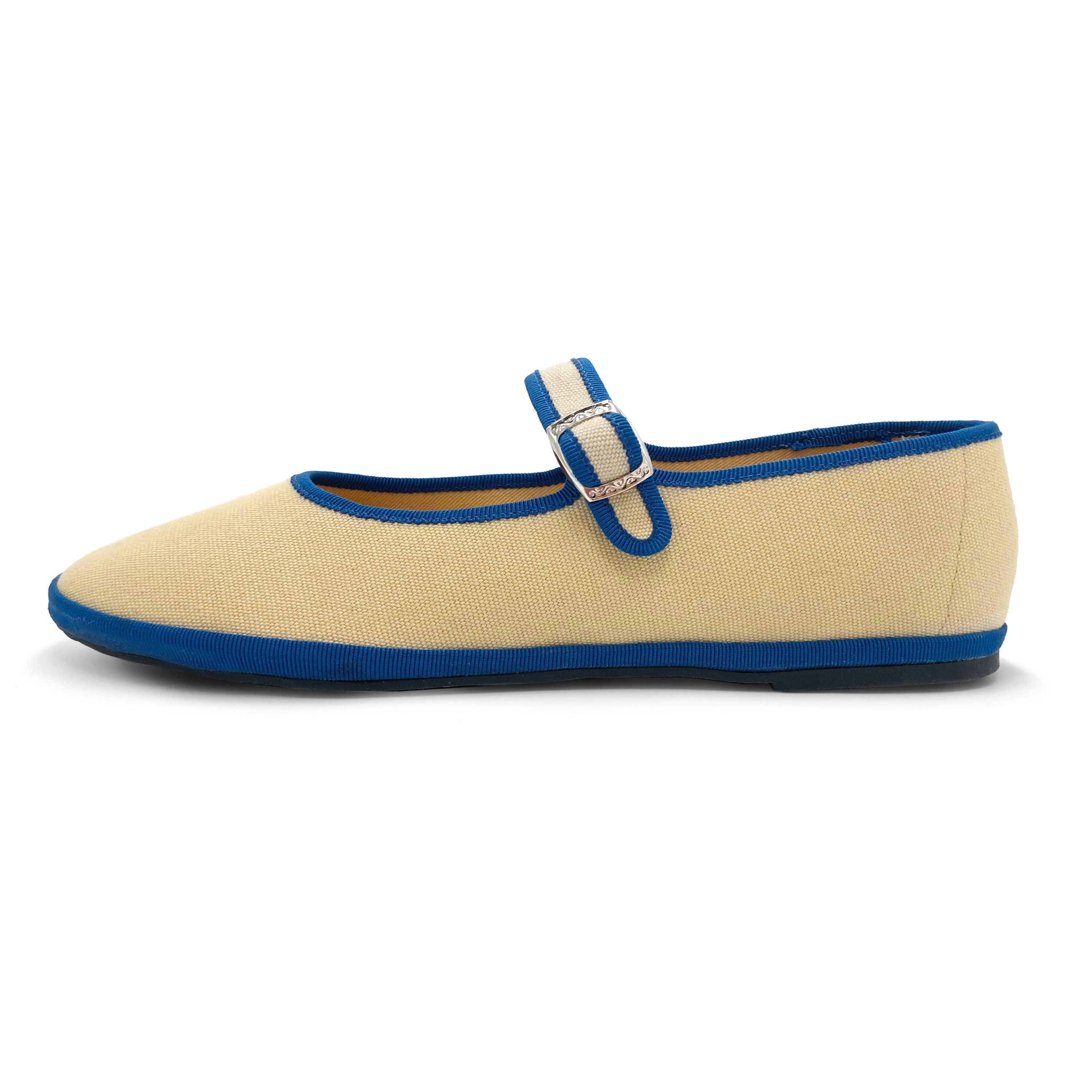 Ballerines friulane Mary Jane en coton beige avec détails bleus