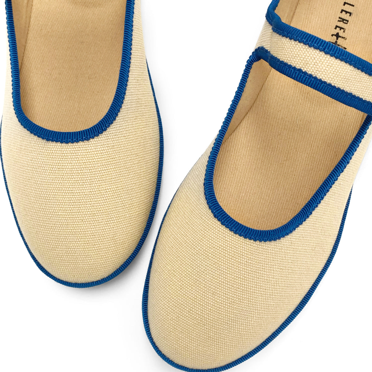 Ballerines friulane Mary Jane en coton beige avec détails bleus
