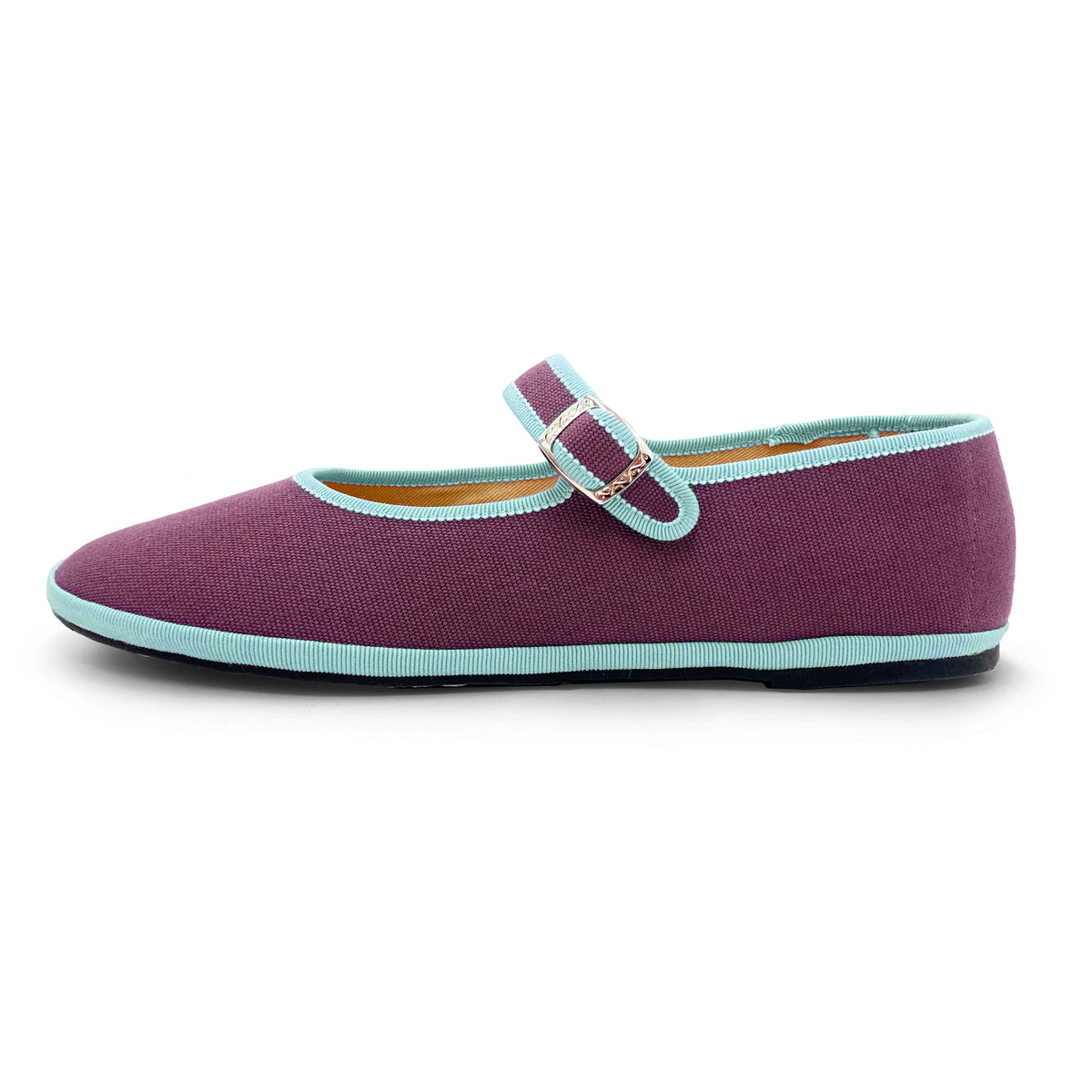 Ballerines friulane Mary Jane en coton violet avec détails bleu ciel