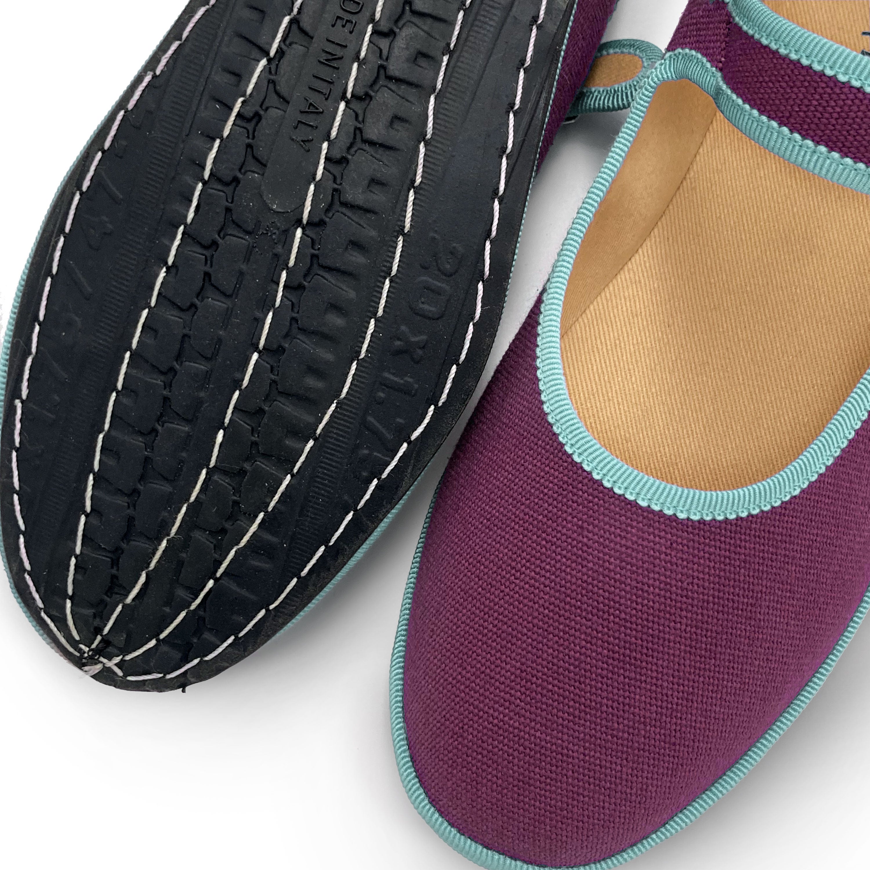 Ballerines friulane Mary Jane en coton violet avec détails bleu ciel