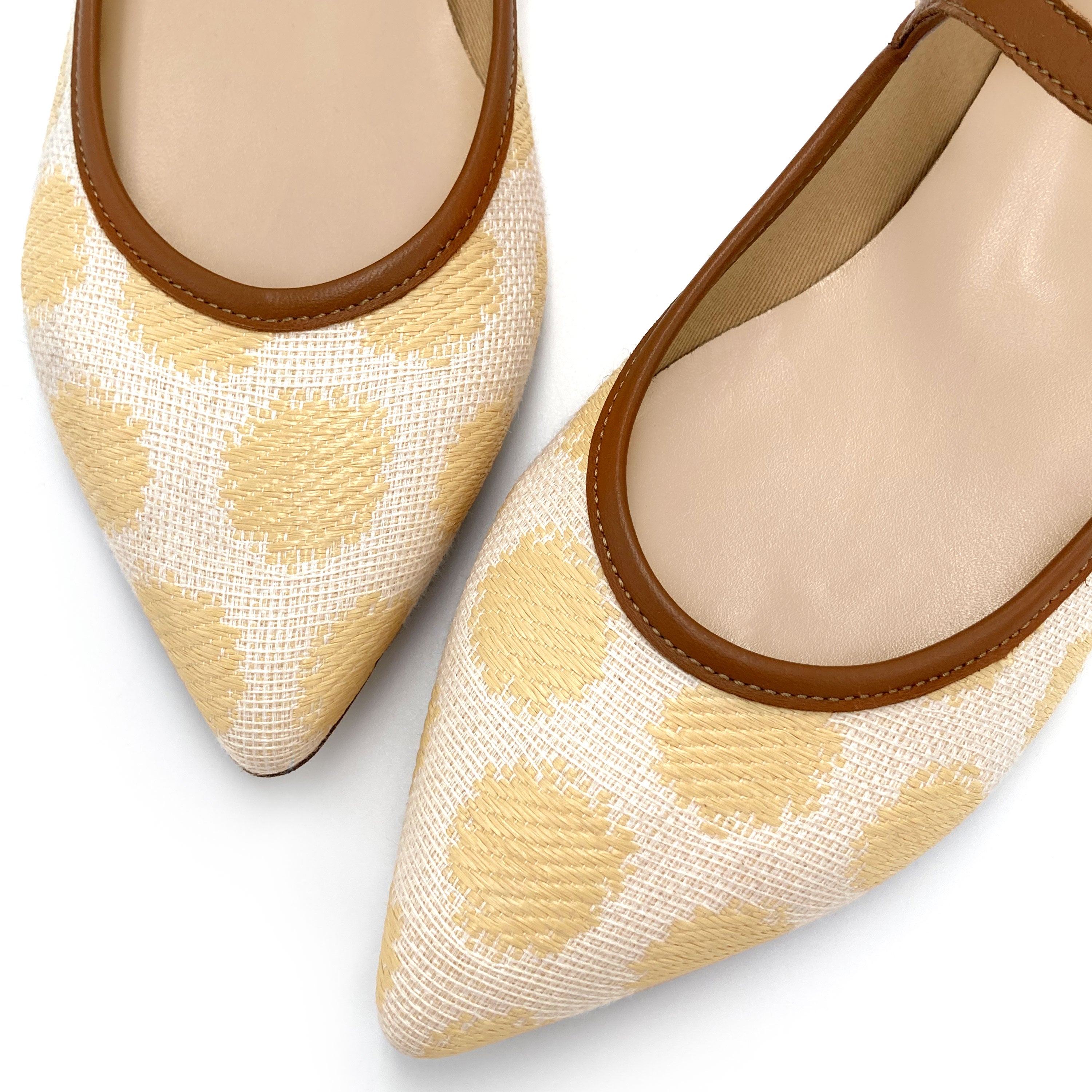 Ballerine mary jane estive in rafia beige a pois e cinturino cuoio