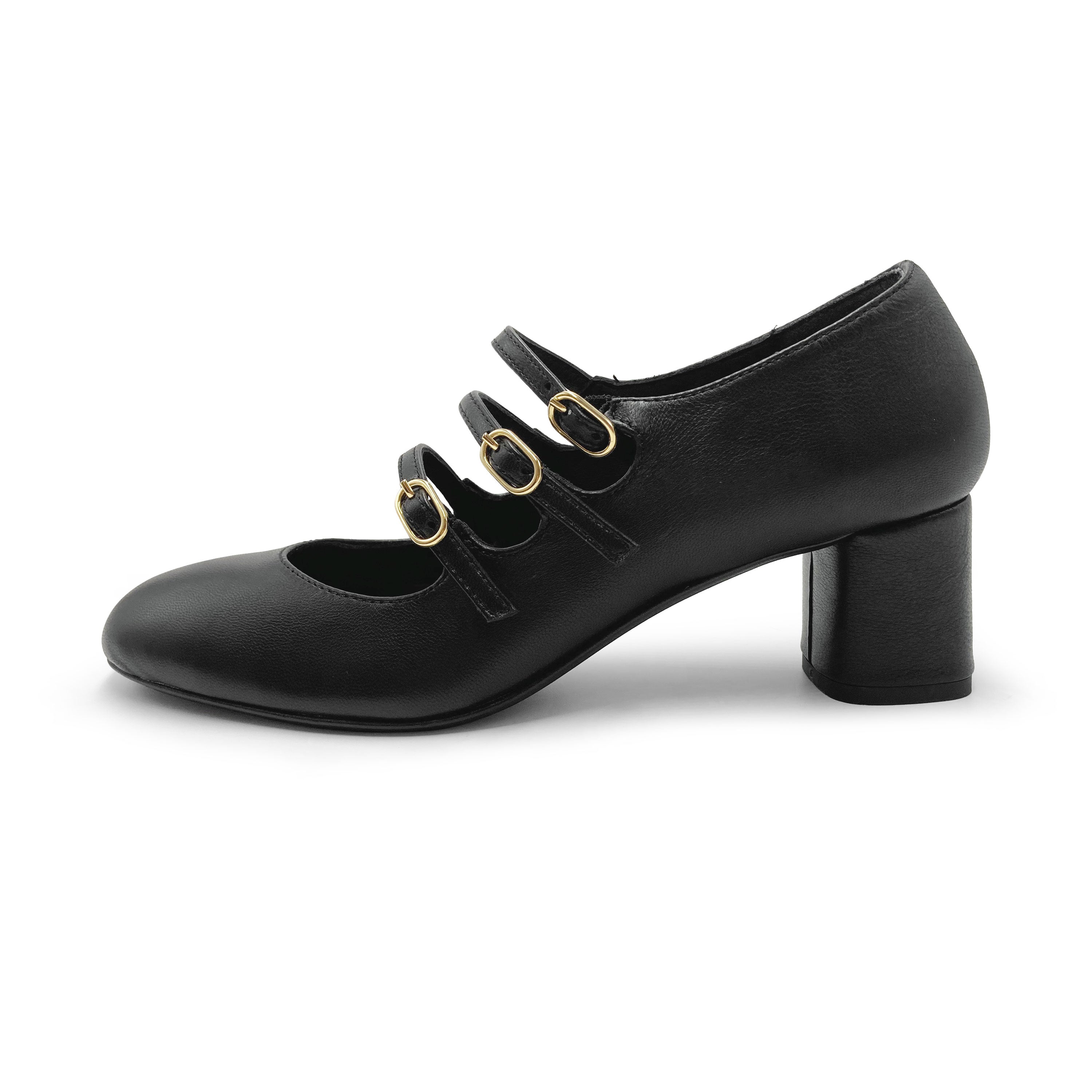 Mary Jane noires en cuir avec trois brides et talon haut