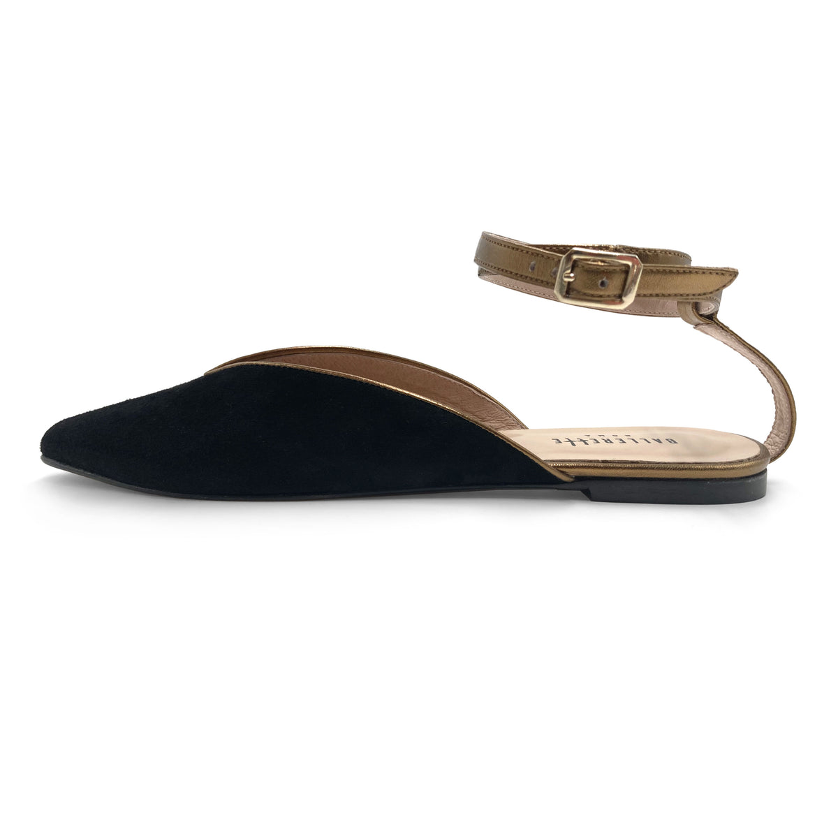 Scarpe mule estive in camoscio nero con laccio bronzo alla caviglia