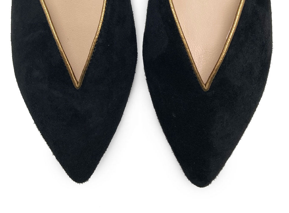 Scarpe mule estive in camoscio nero con laccio bronzo alla caviglia