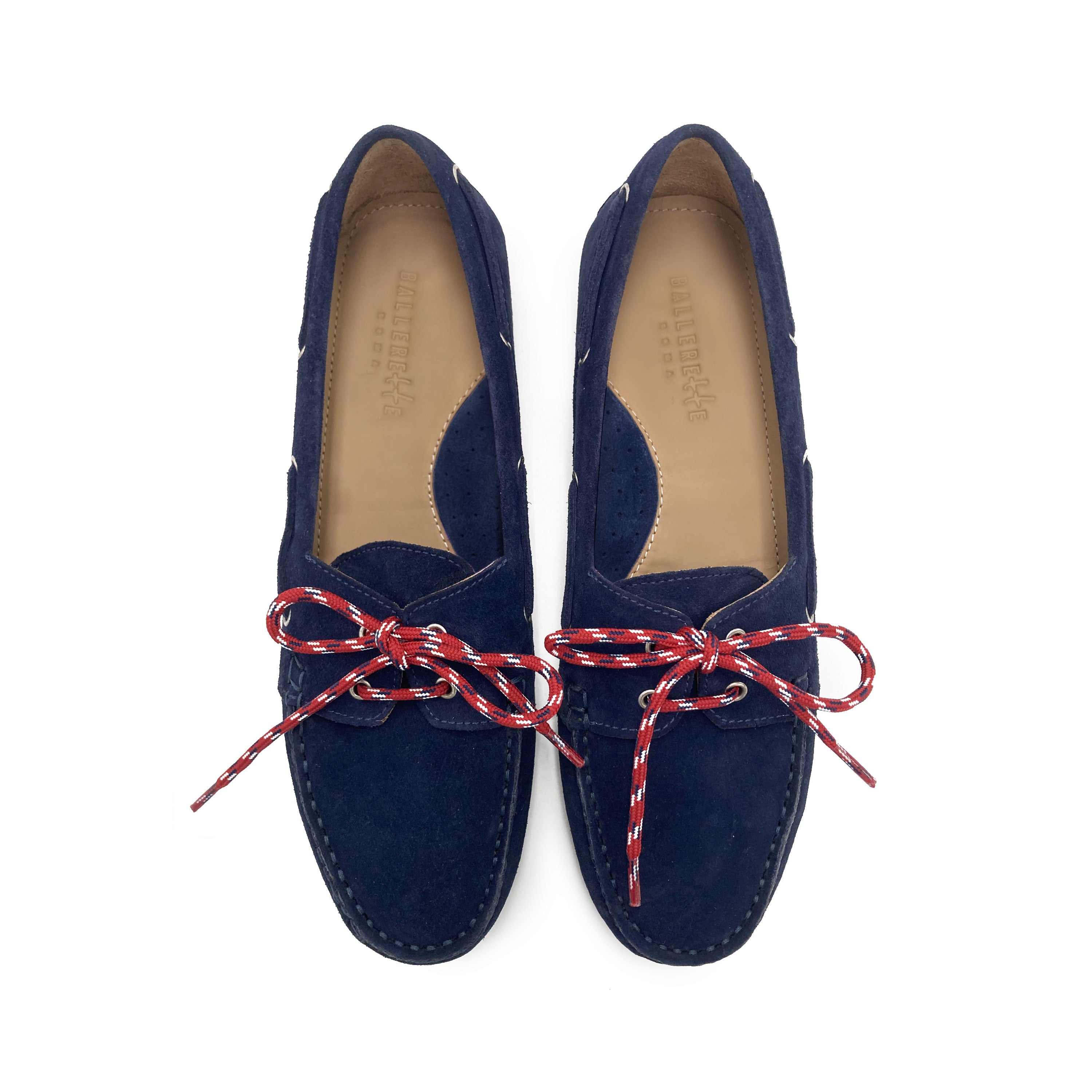 Mocassini donna da barca estivi in camoscio blu con laccio nautico