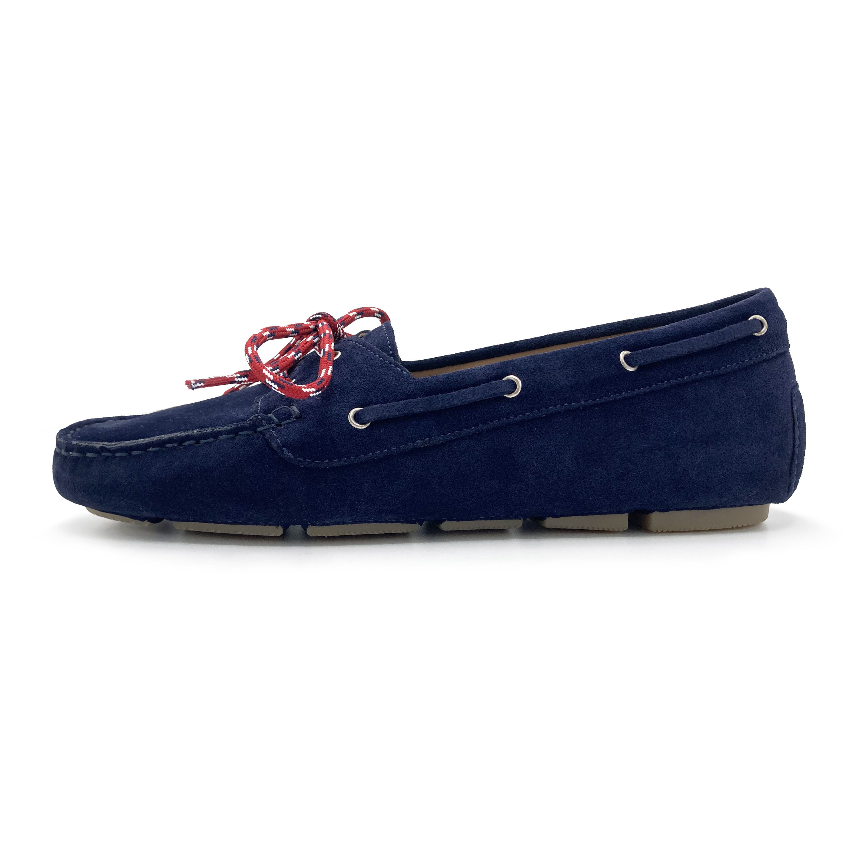 Women’s summer boat moccasins in blue suede with nautical lace