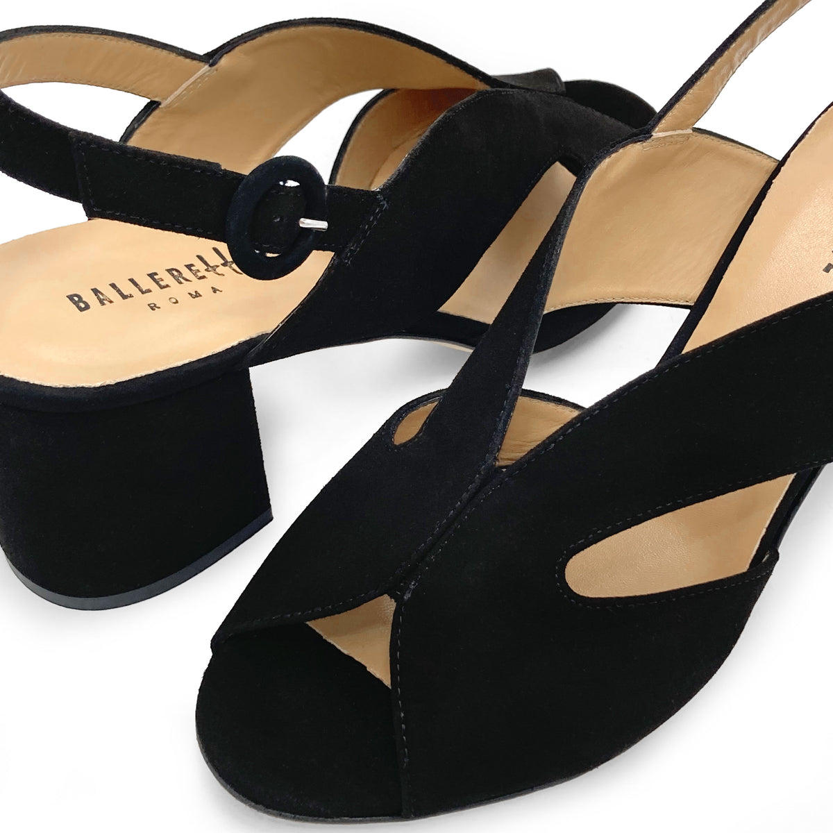 Black suede slingback open toe heeled shoes