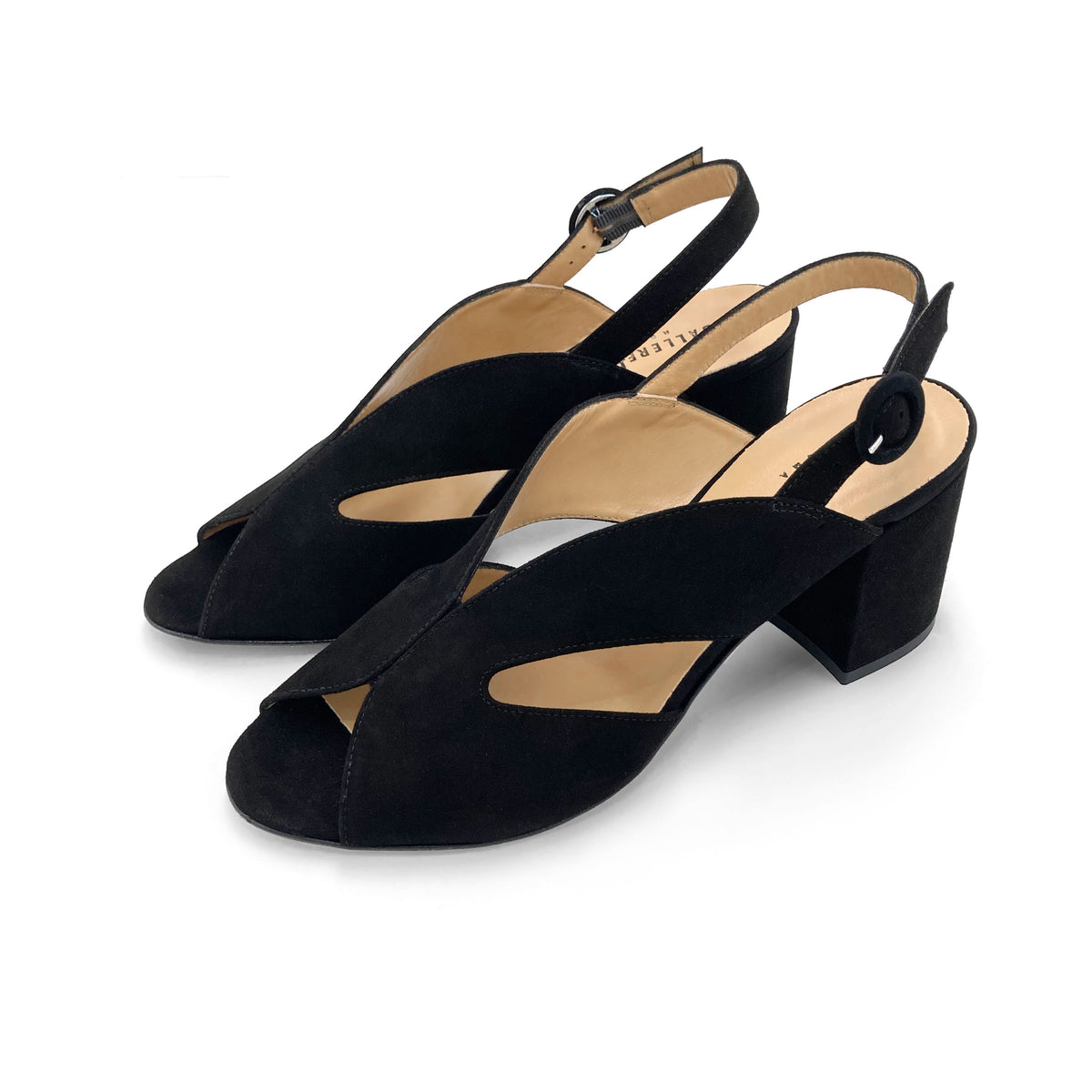 Black suede slingback open toe heeled shoes