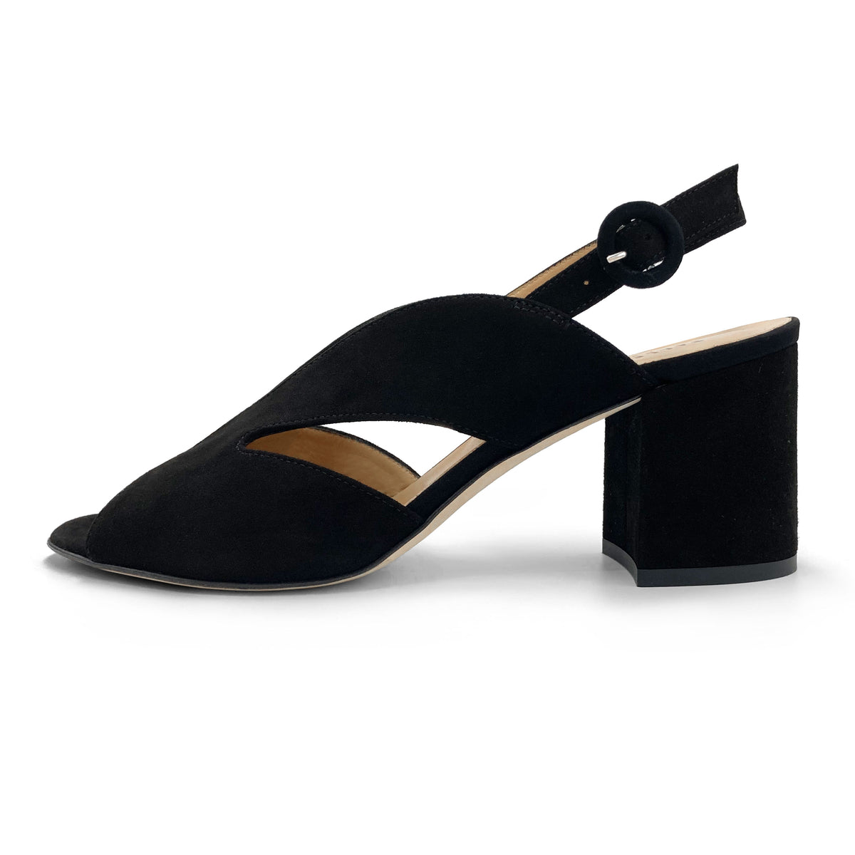 Black suede slingback open toe heeled shoes
