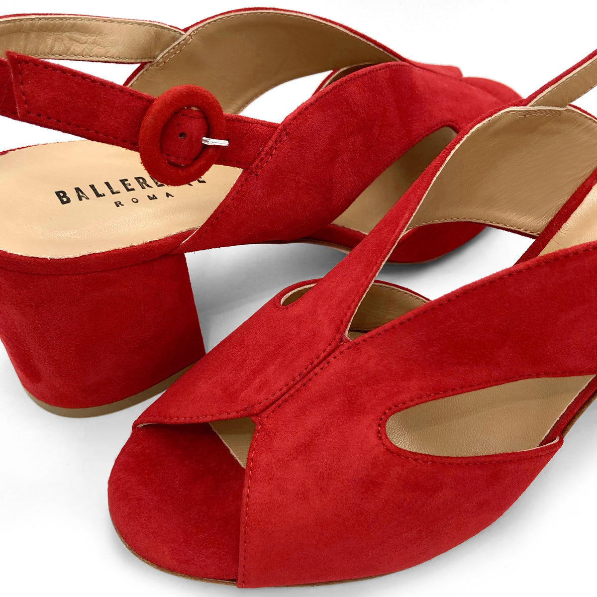 Scarpe open toe slingback rosse in camoscio con tacco