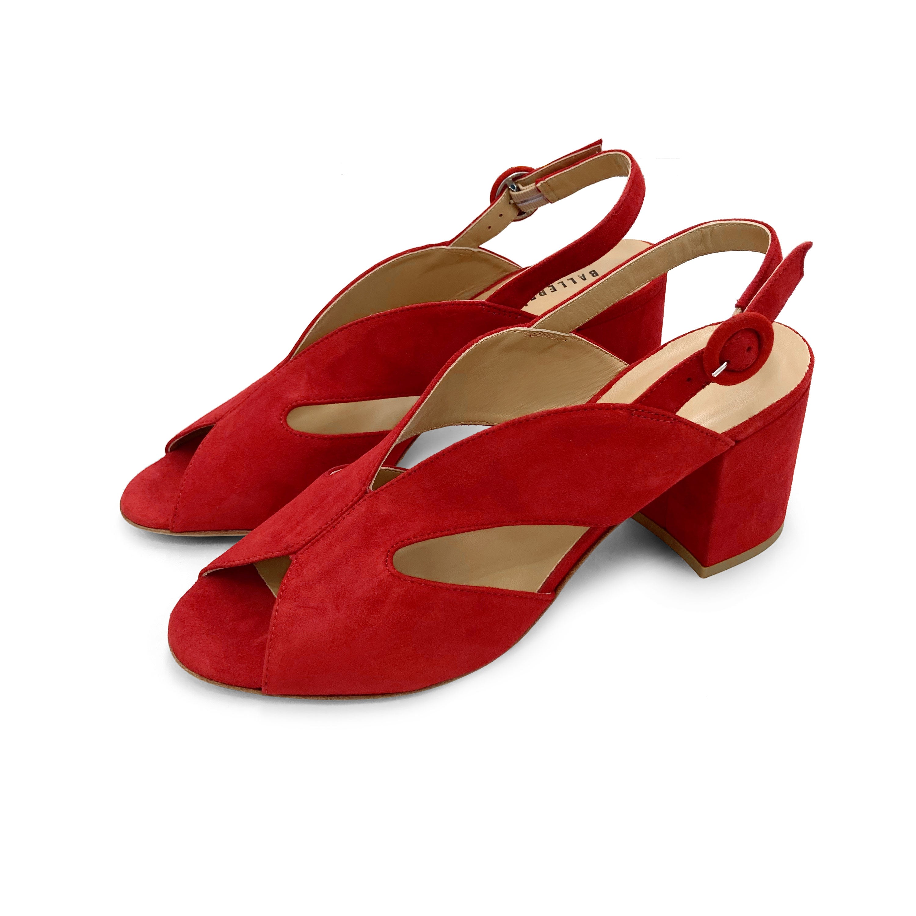 Scarpe open toe slingback rosse in camoscio con tacco