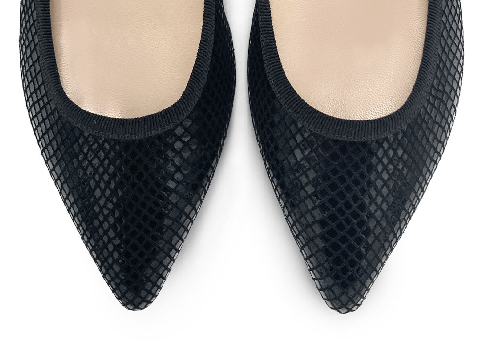 Laminierte Wildleder schwarz spitzen Tier Ballerinas