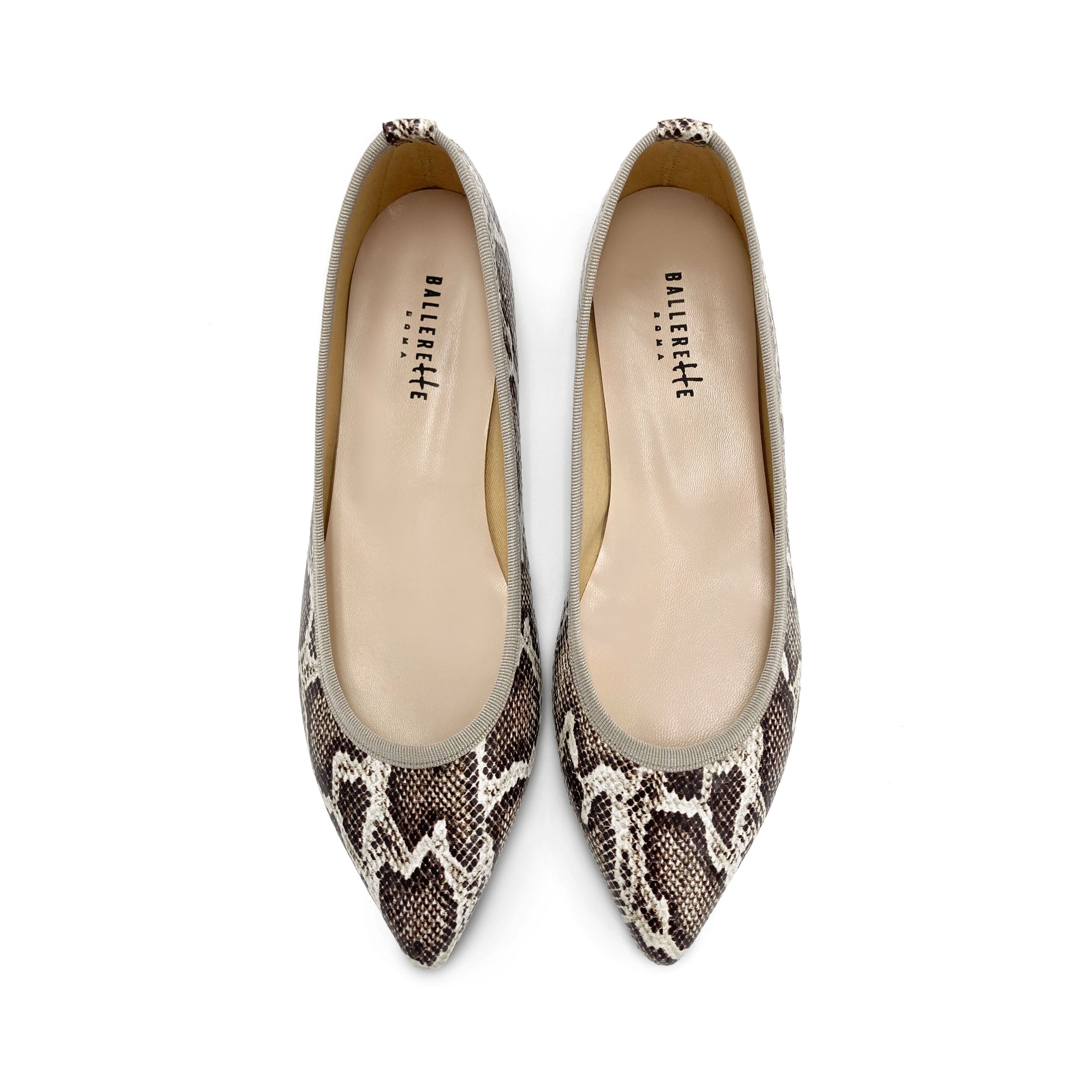 Ballerine a punta animalier pitonate in pelle