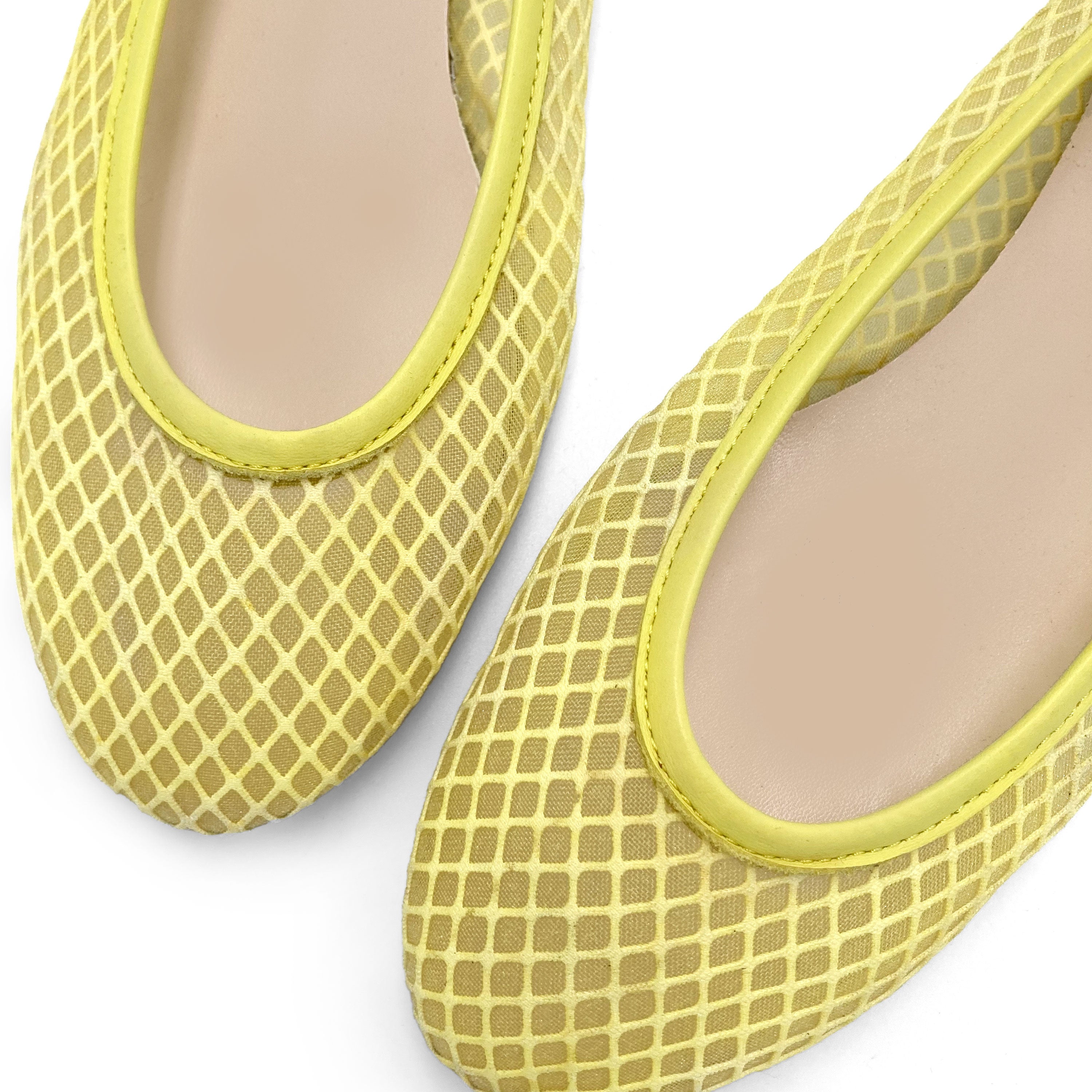 Yellow transparent mesh ballet flats in eco recycled fabric