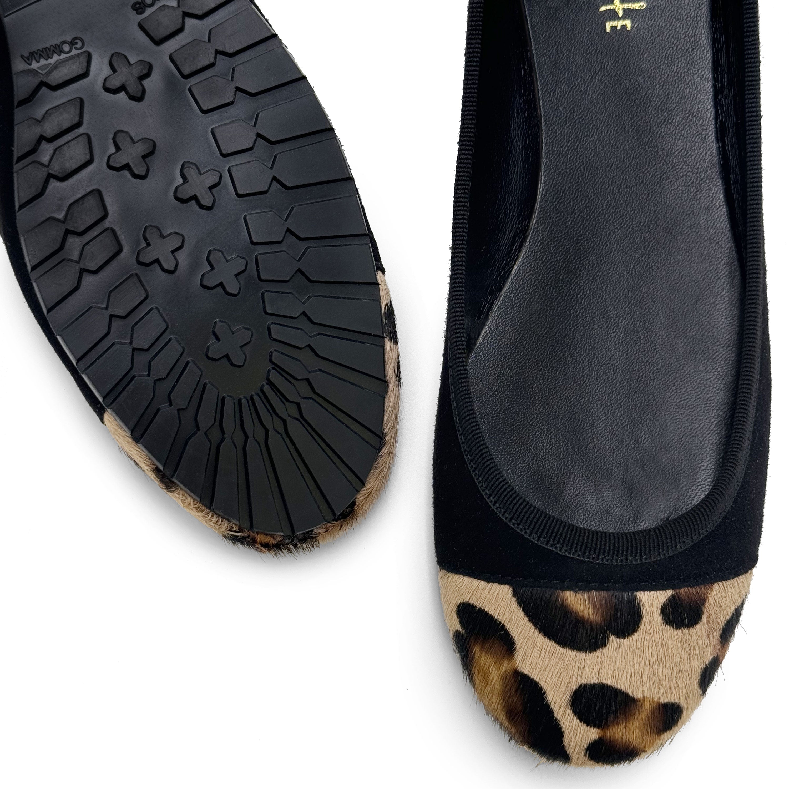 Ballerines en daim noir à bout tacheté animalier