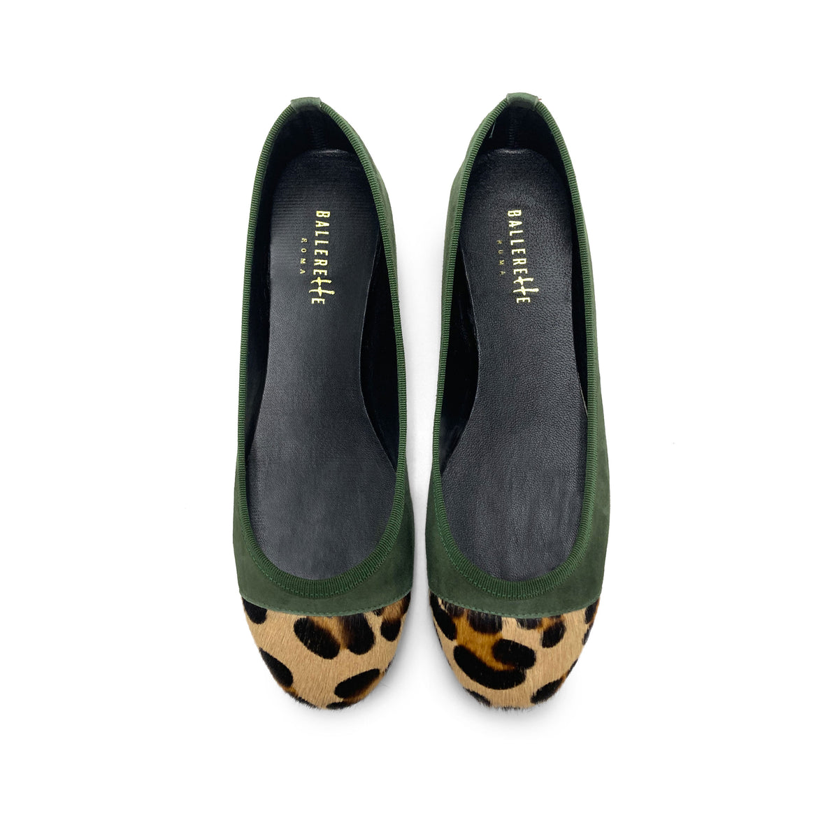 Grüne Ballerinas aus Wildleder mit Spitze in gelfecktem Ponyfell