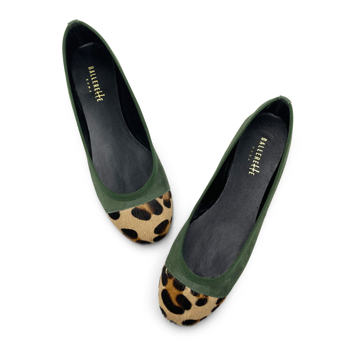 Grüne Ballerinas aus Wildleder mit Spitze in gelfecktem Ponyfell