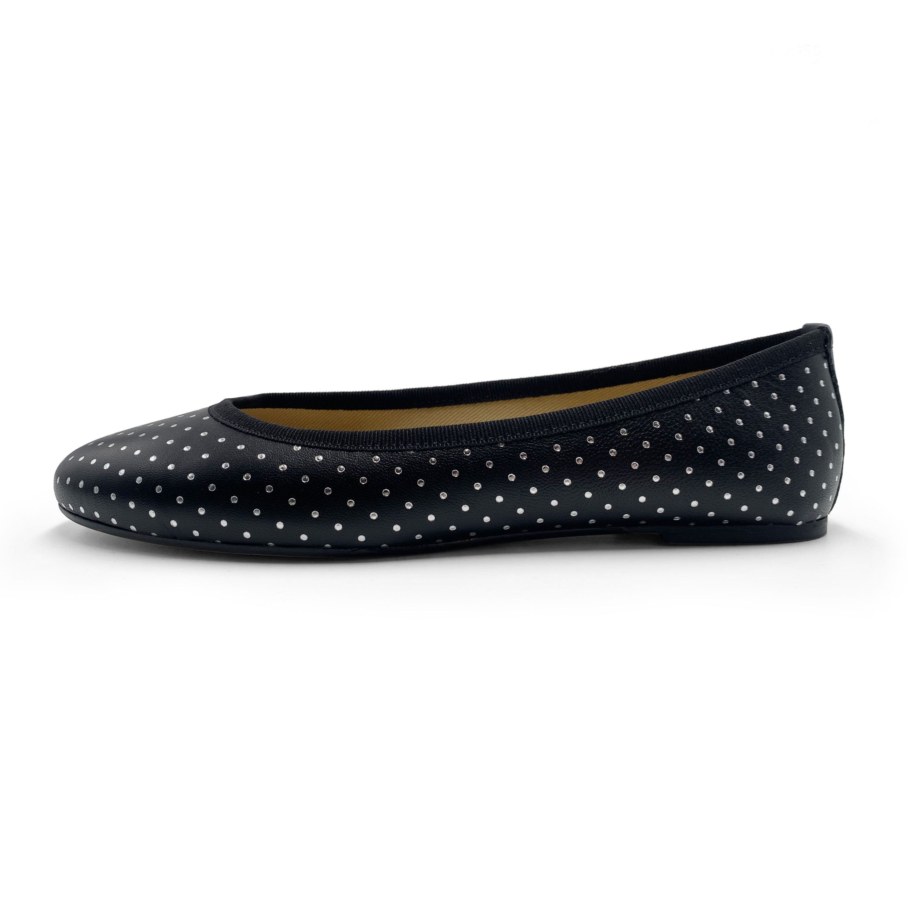 Black leather ballerinas with silver micro polka dots