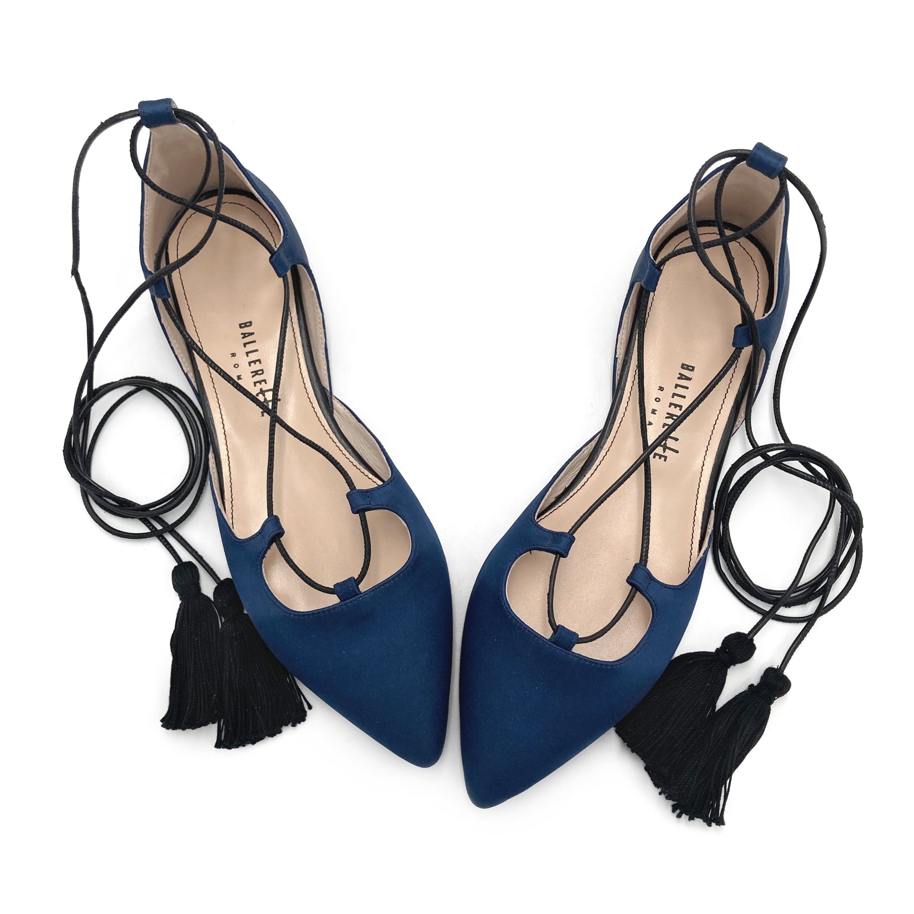 TT GO GREEN COLLECTION - Ballerine blu con lacci alla schiava in raso ecologico