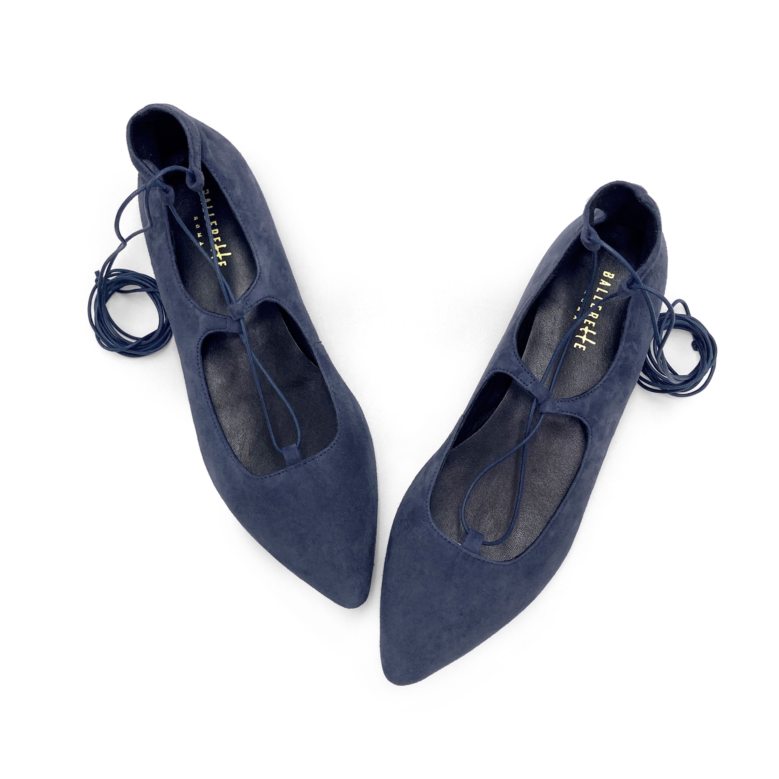 Ballerine con lacci alla schiava in camoscio blu petrolio