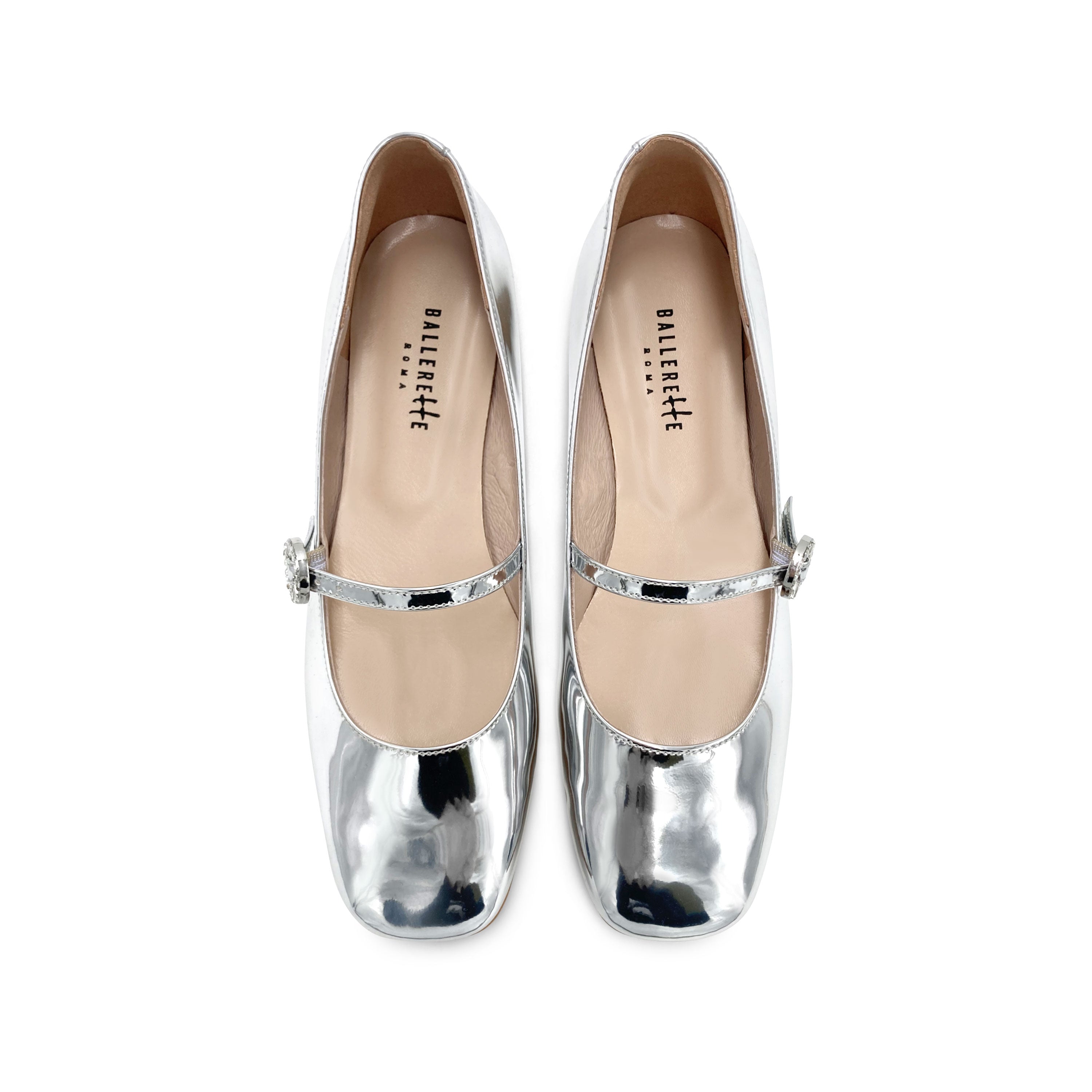 Spiegelnde silberne Mary Jane Ballerinas mit Schmuckriemen
