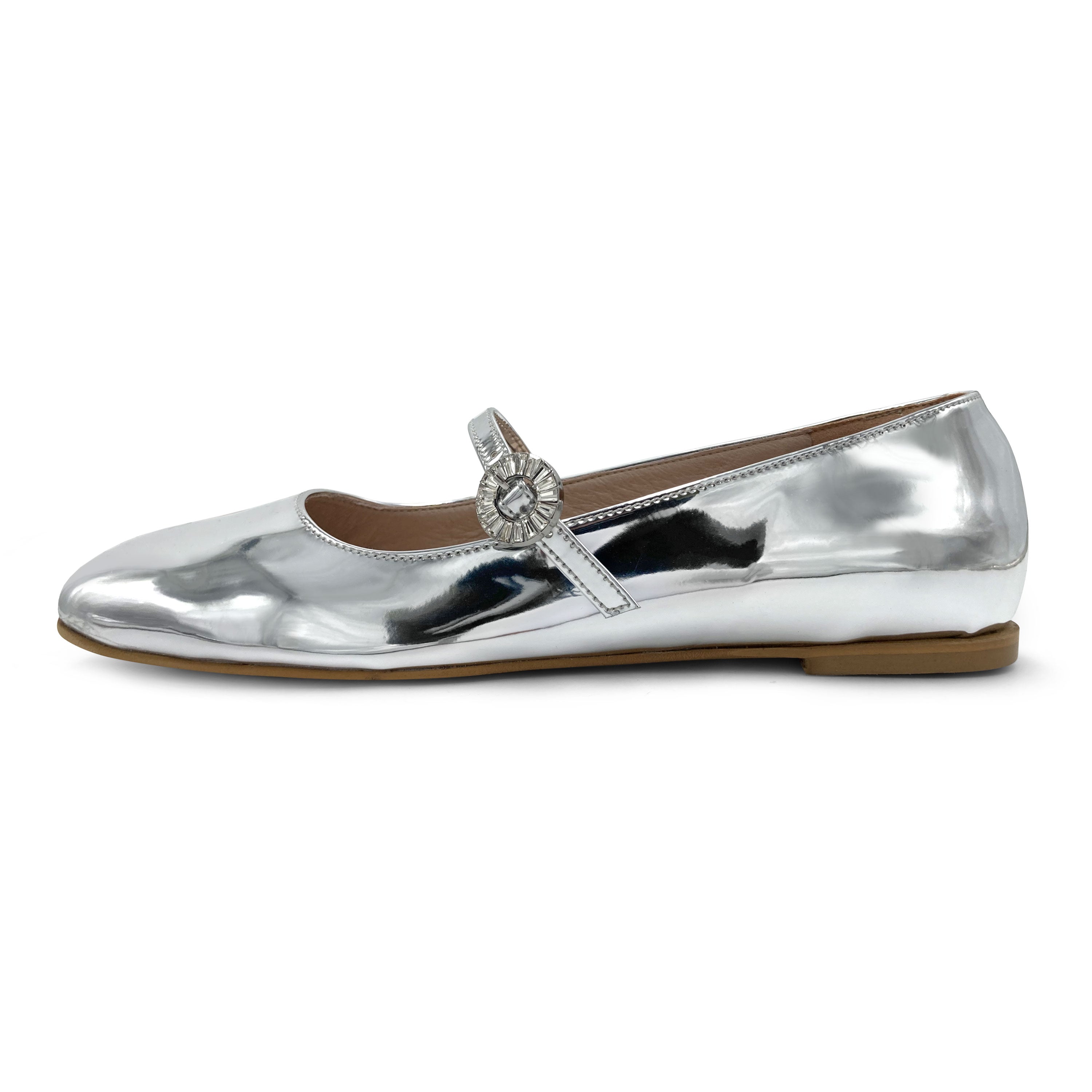 Spiegelnde silberne Mary Jane Ballerinas mit Schmuckriemen
