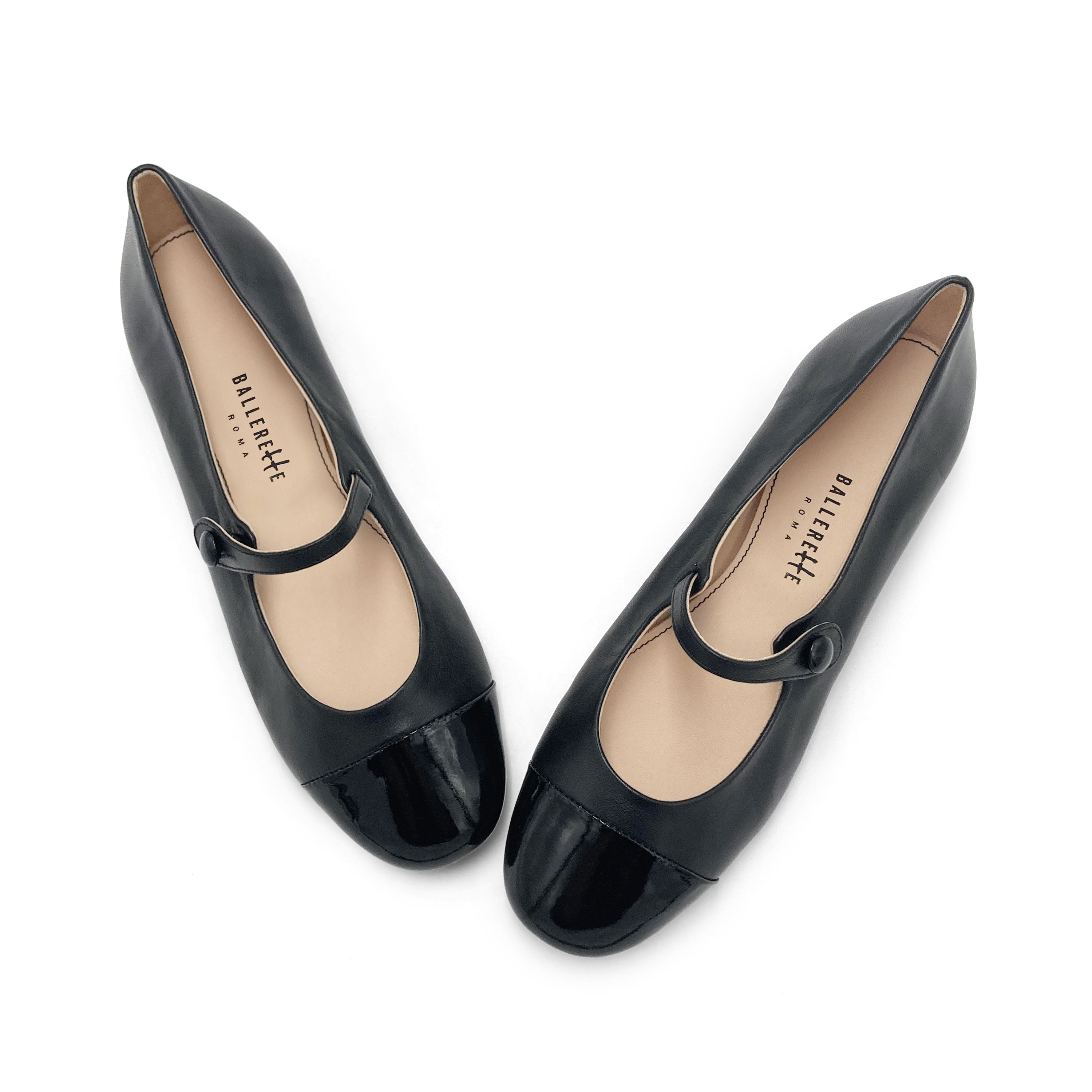 Black leather ballet flats with patent leather strap and toe