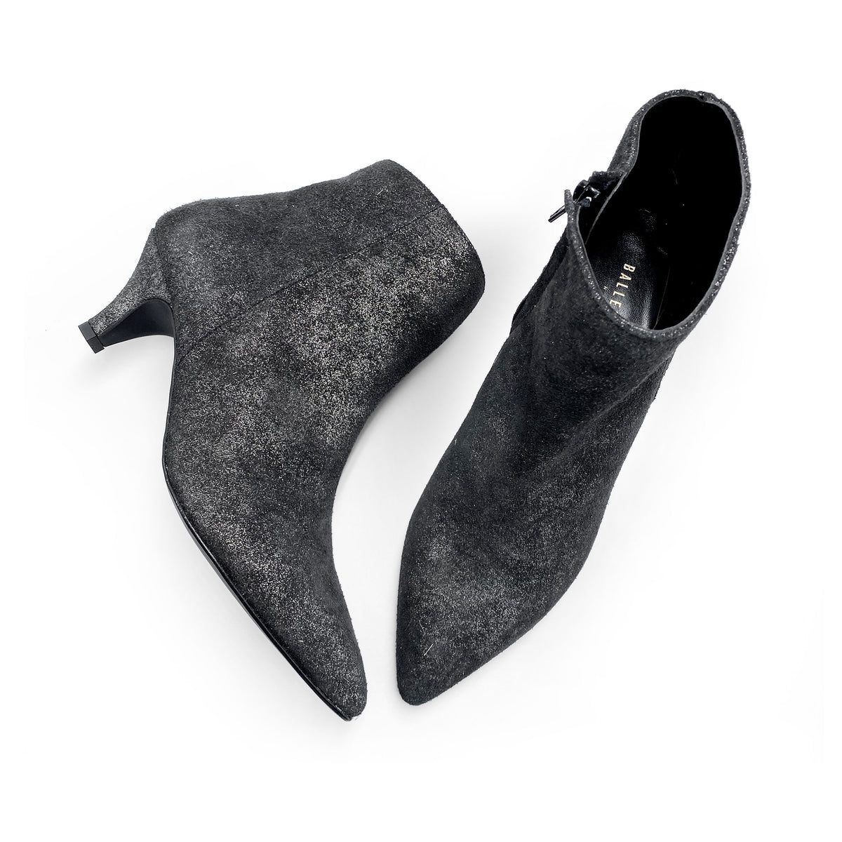 Laminated, metallic black leather ankle boots with heel