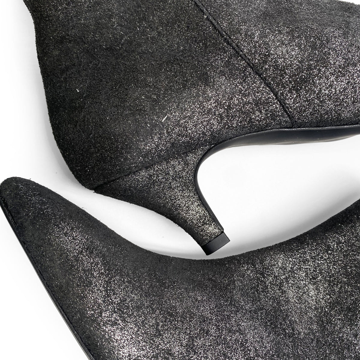Laminated, metallic black leather ankle boots with heel