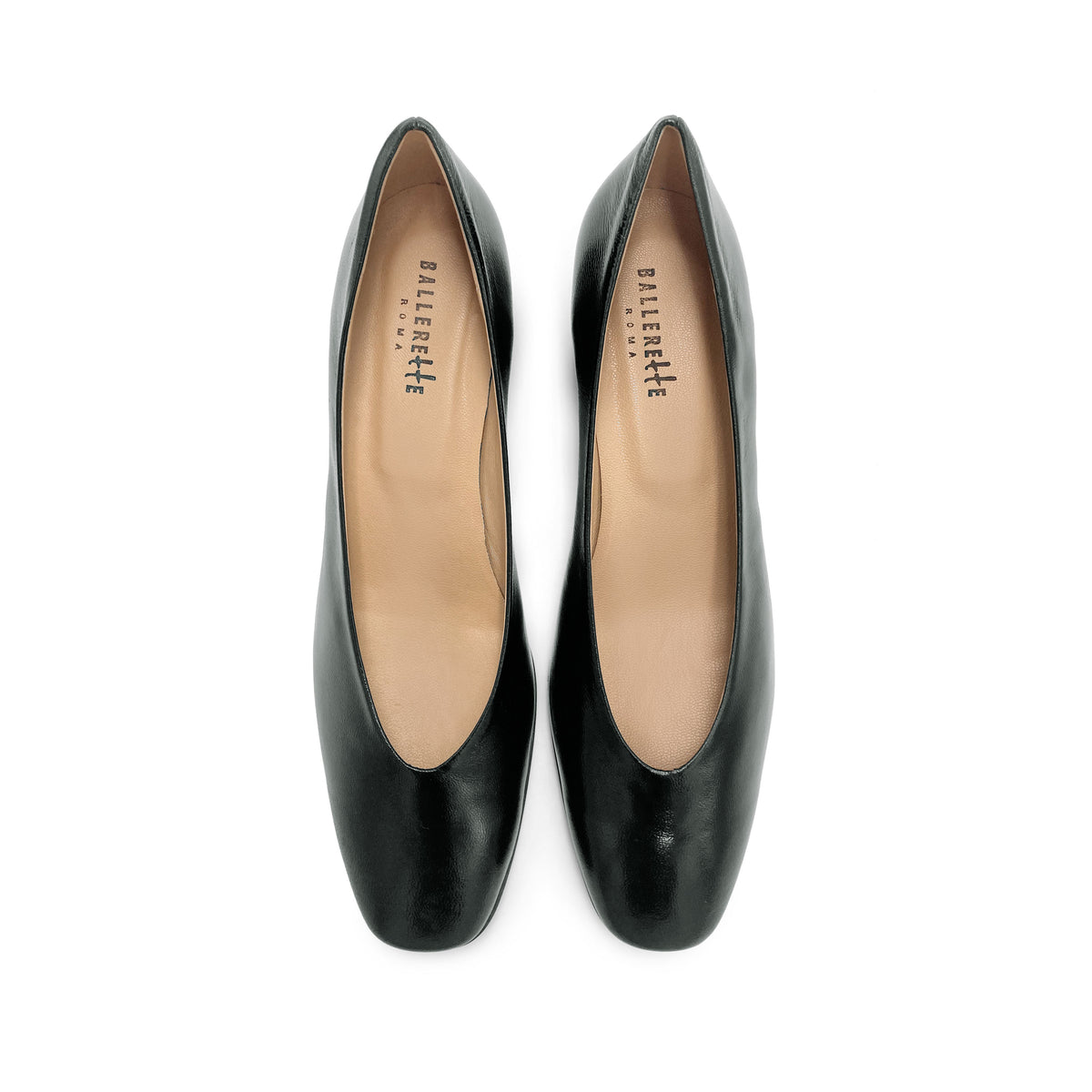 Scarpe ballerine nere in vernice con punta quadrata e tacco alto comodo