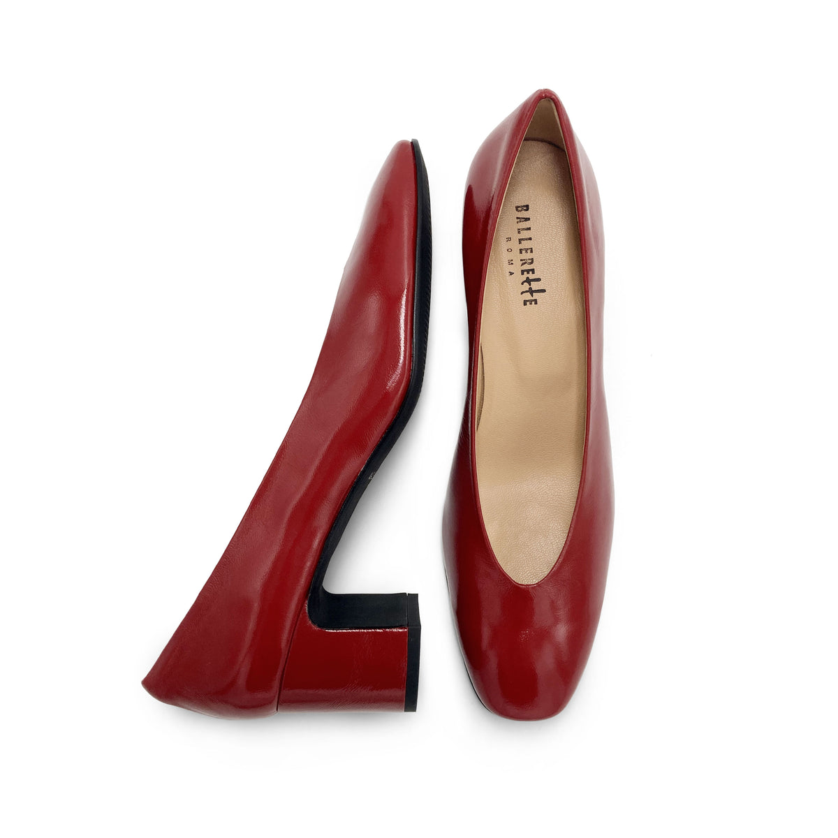 Rote Lackleder-Ballerinas mit quadratischer Spitze und bequemem hohem Absatz