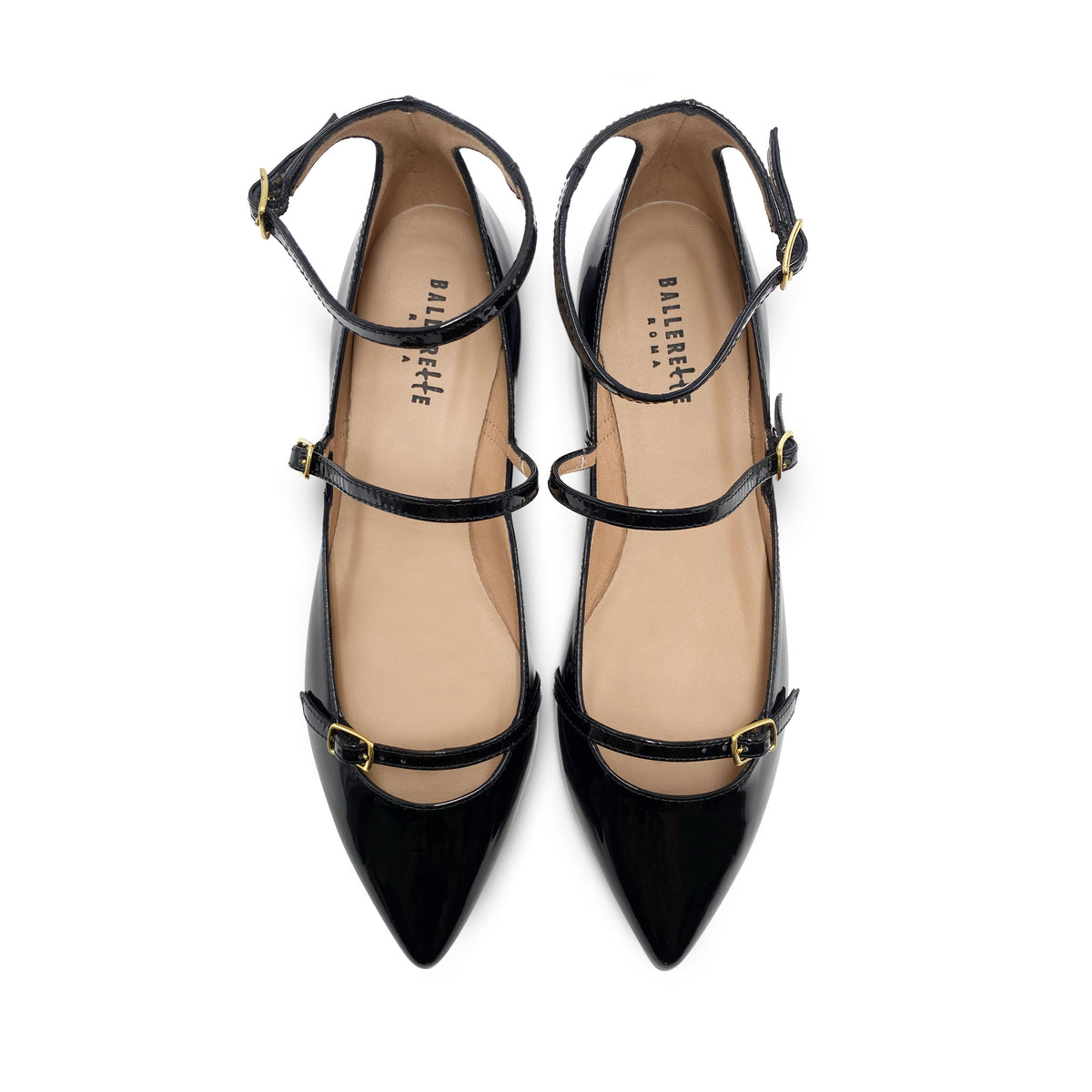 Schwarze Ballerinas aus Lackleder mit Riemen
