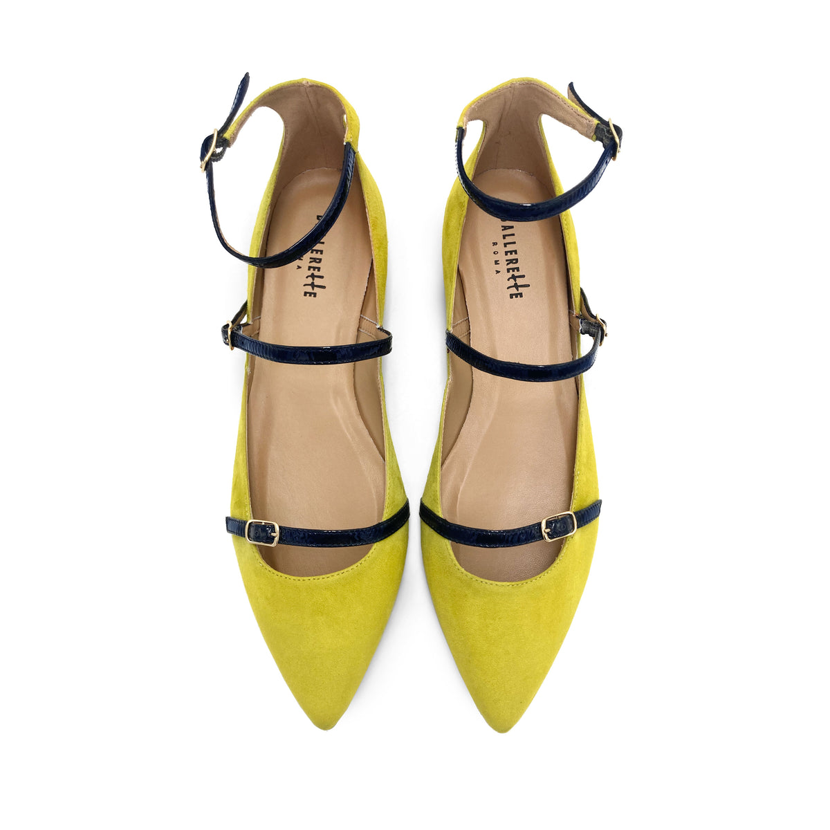 Olivegrüne Ballerinas aus Wildleder mit blauen Lackriemen