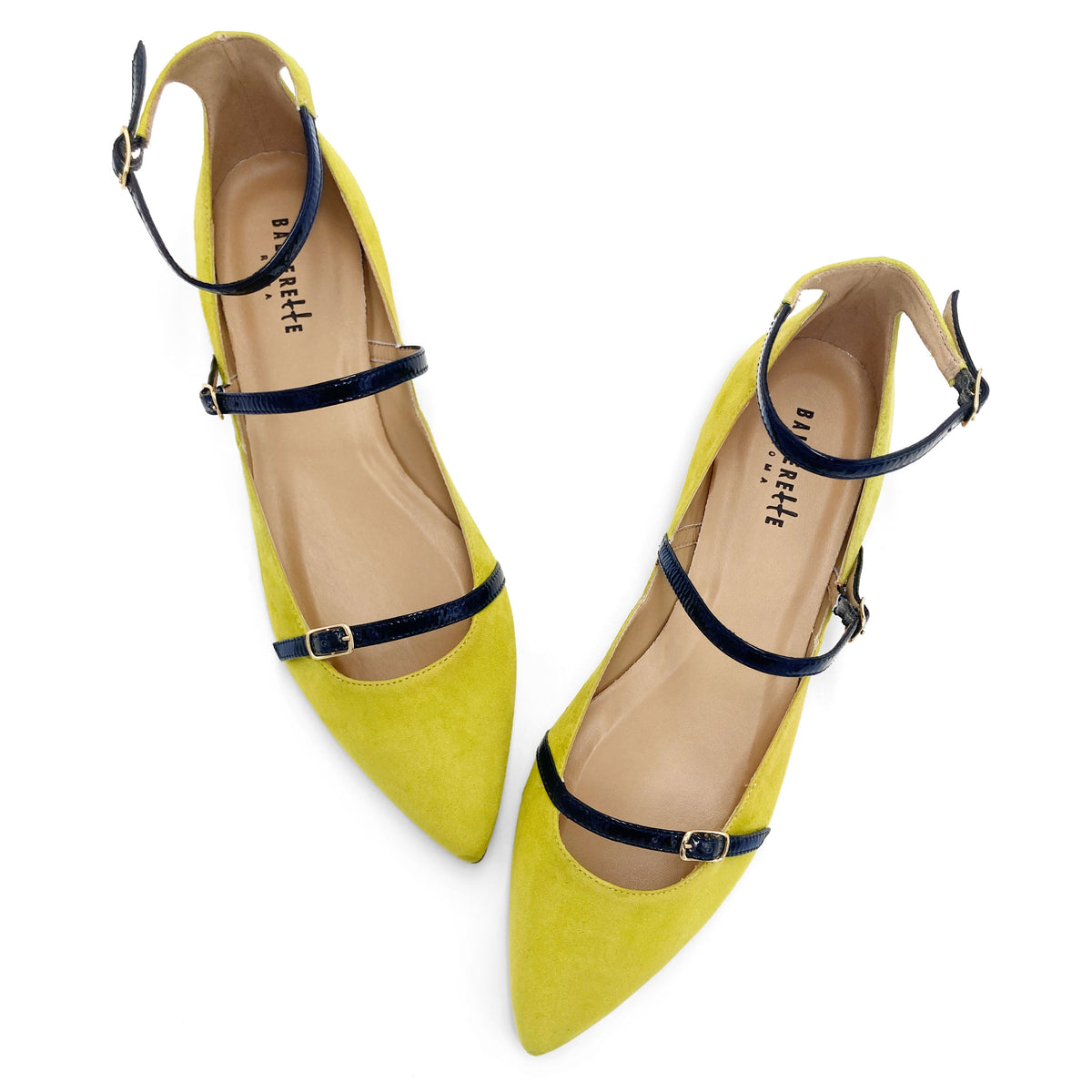 Olivegrüne Ballerinas aus Wildleder mit blauen Lackriemen