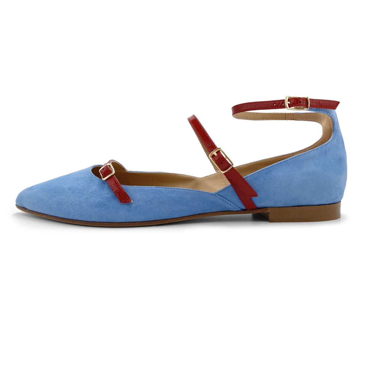 Denim blue suede pointed ballet flats with red straps