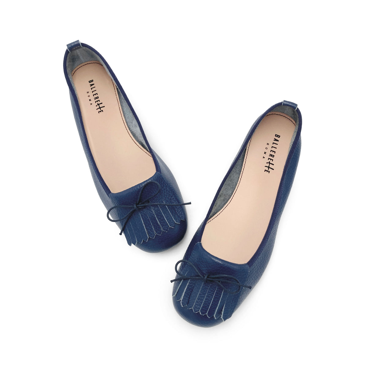 Mocassini da donna blu in pelle con frangia