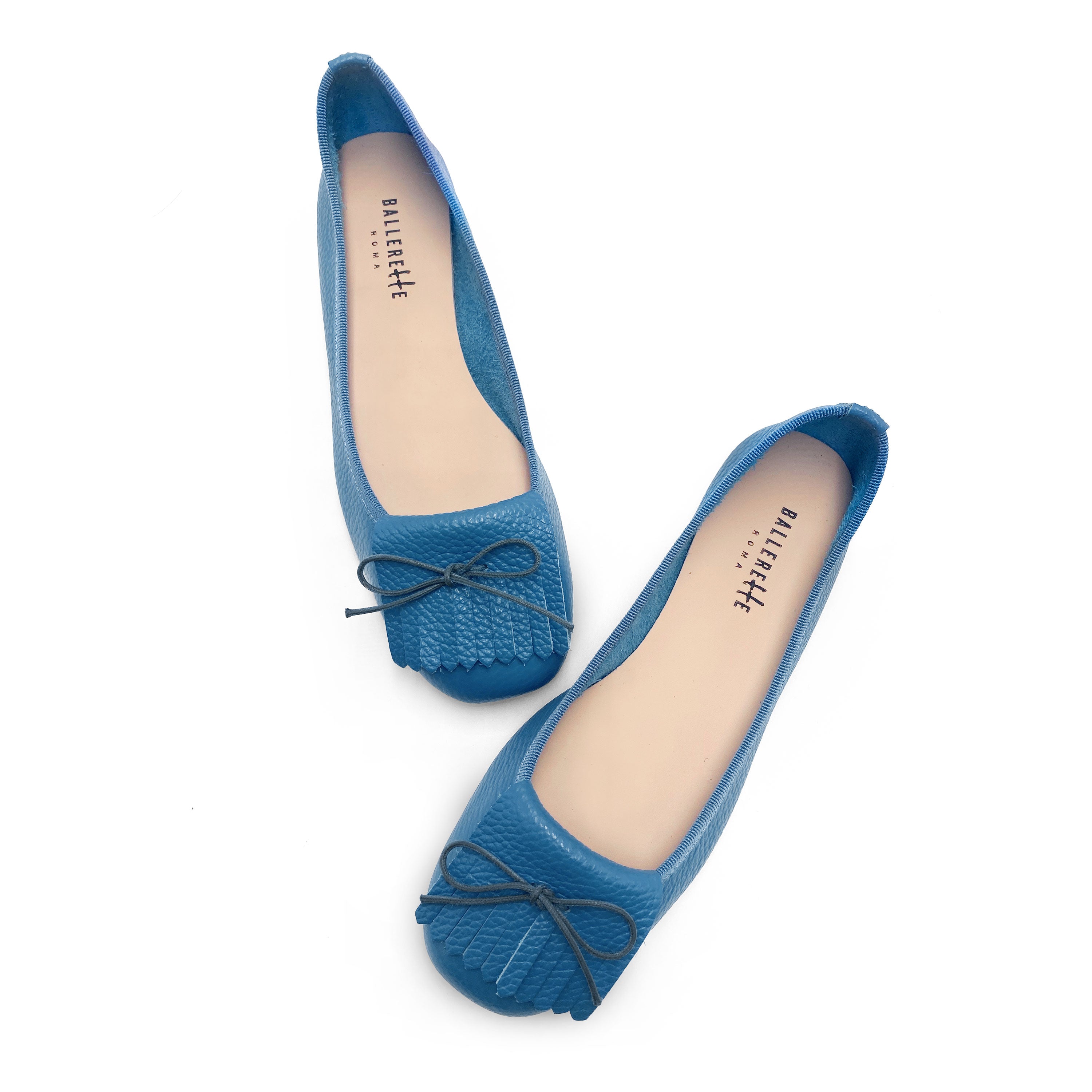Mocassins femme en cuir bleu céruléen à franges 