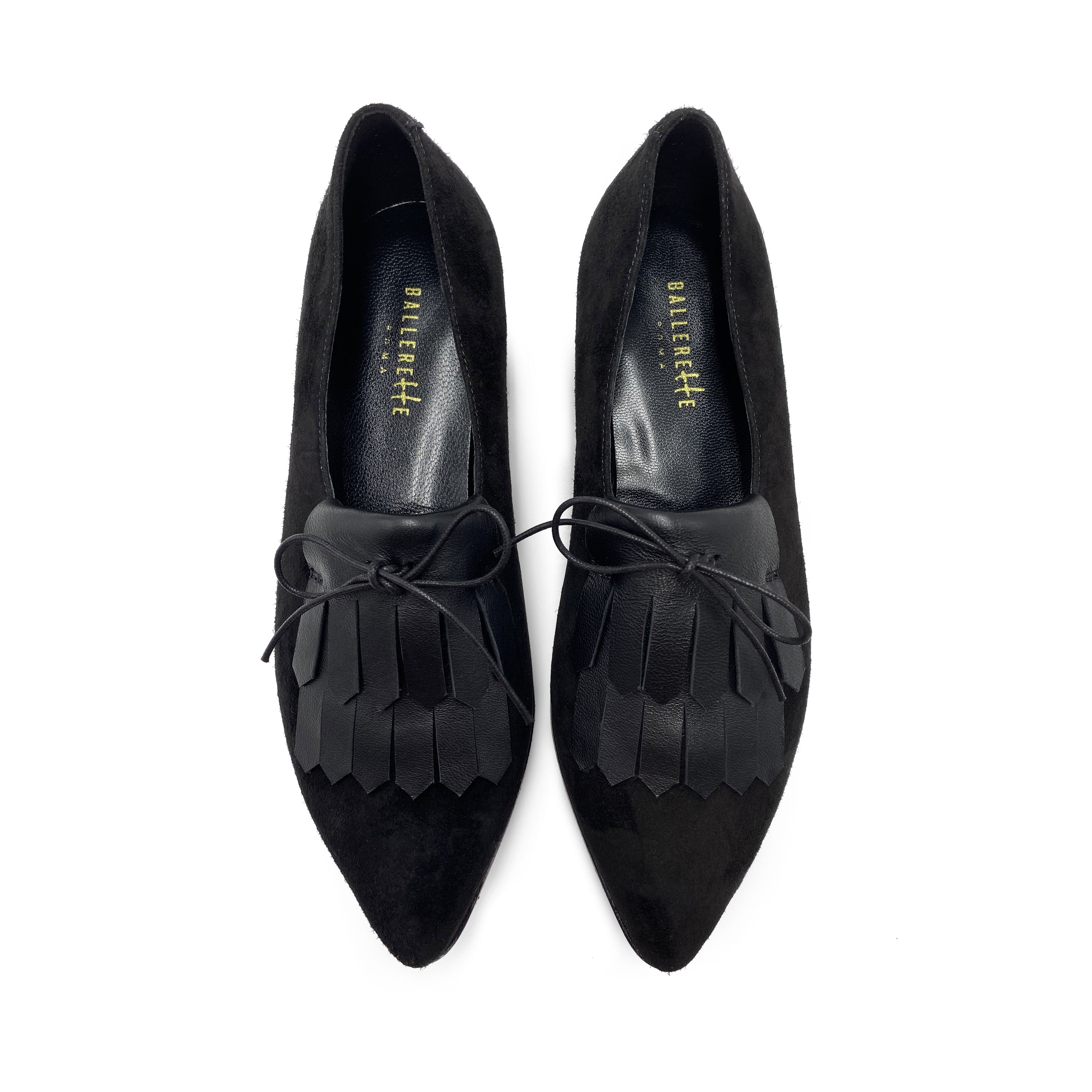 Women’s black suede oxford with leather fringe
