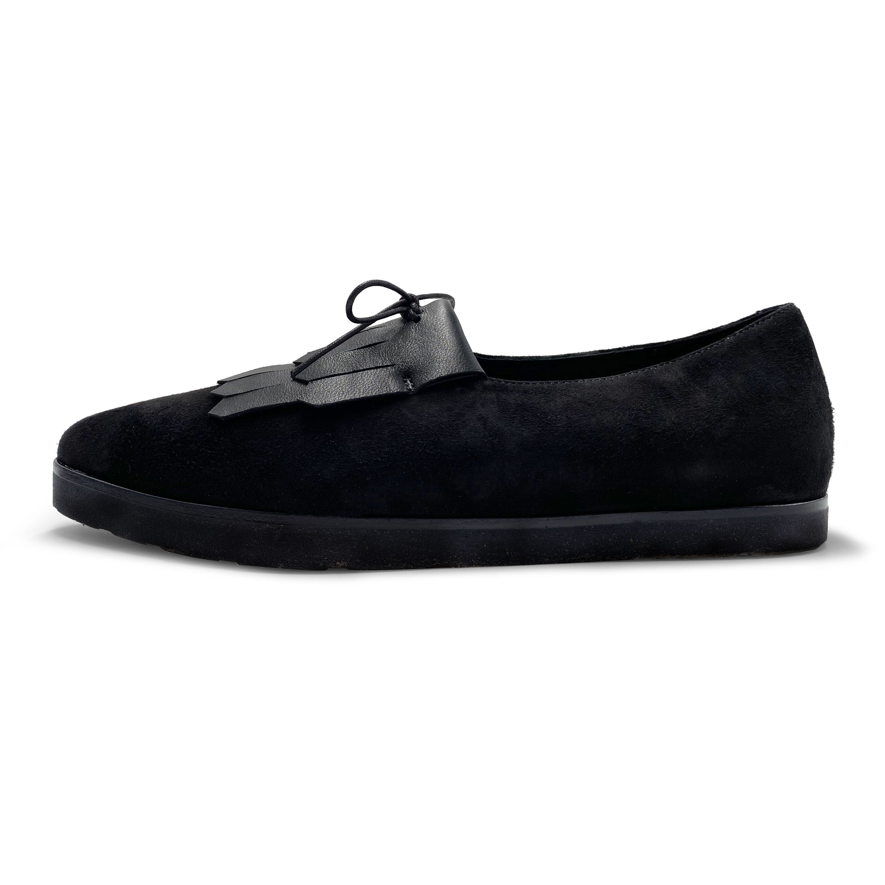 Women’s black suede oxford with leather fringe
