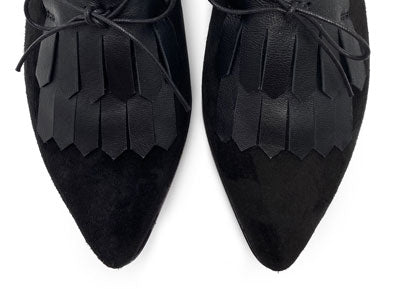 Women’s black suede oxford with leather fringe
