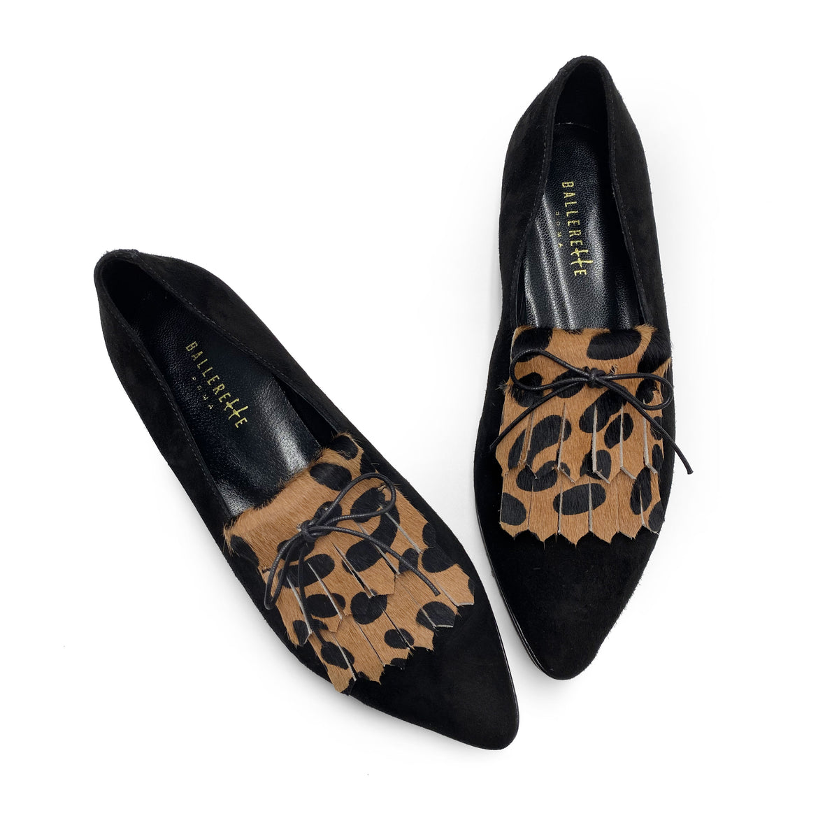 Brogues femme noire en daim avec franges tachetée animalier
