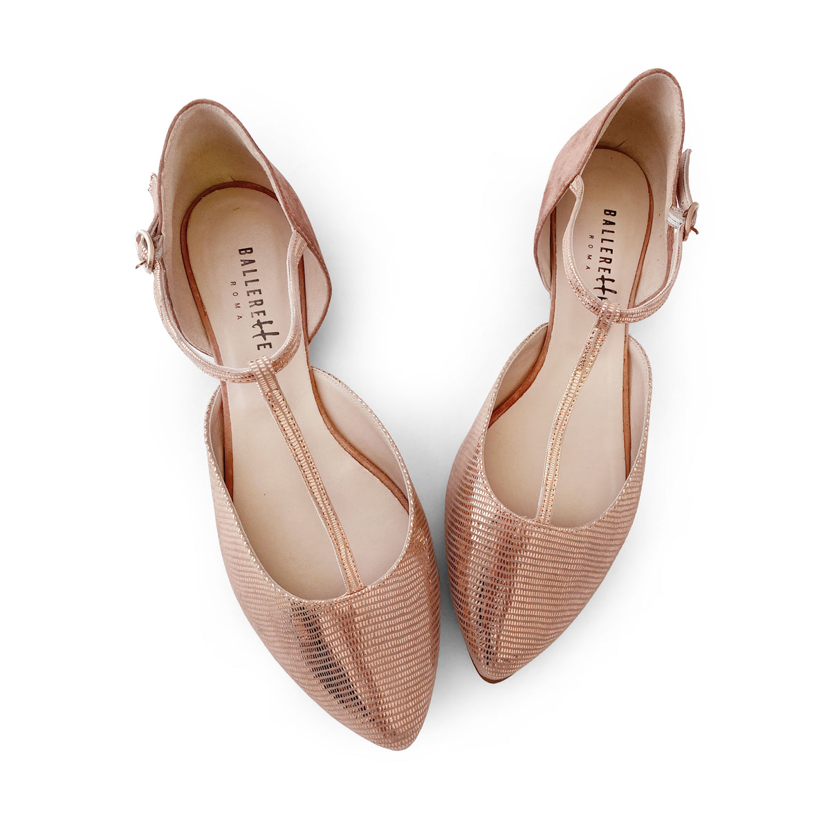 Ballerinas mit T-Steg aus laminiertem Wildleder in Puderfarbe