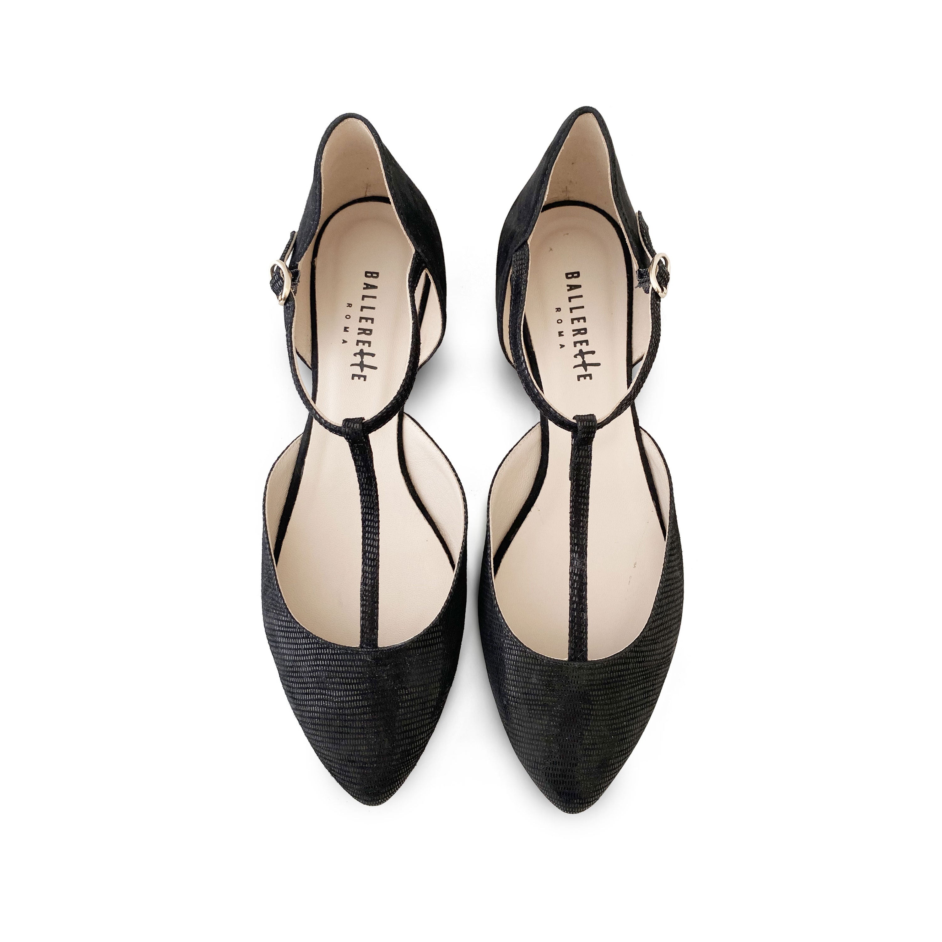 Ballerines T-Bar noires en daim lamé