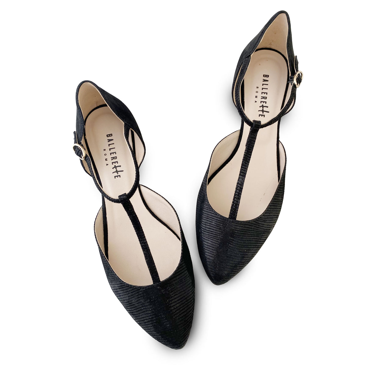 Ballerines T-Bar noires en daim lamé