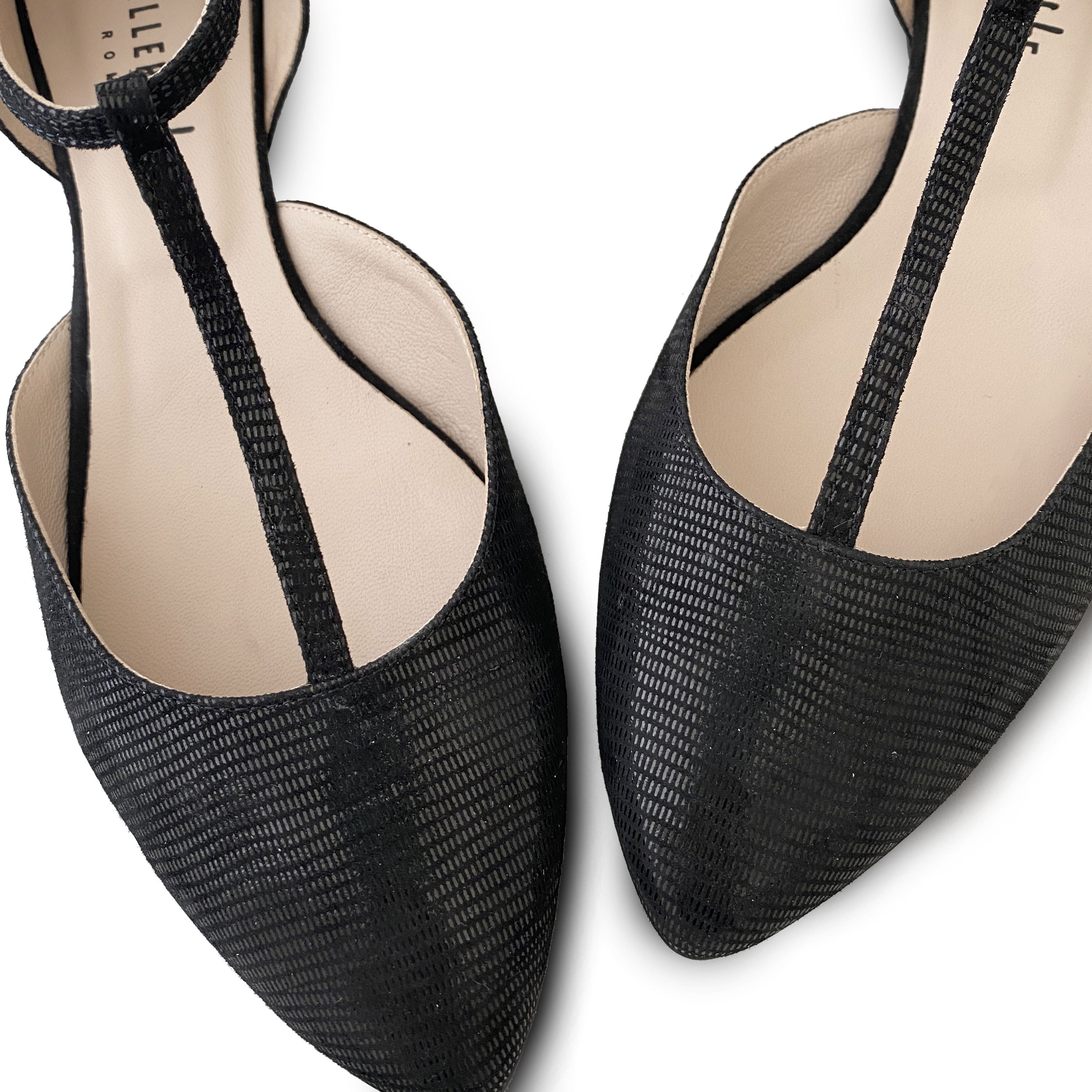 Ballerines T-Bar noires en daim lamé