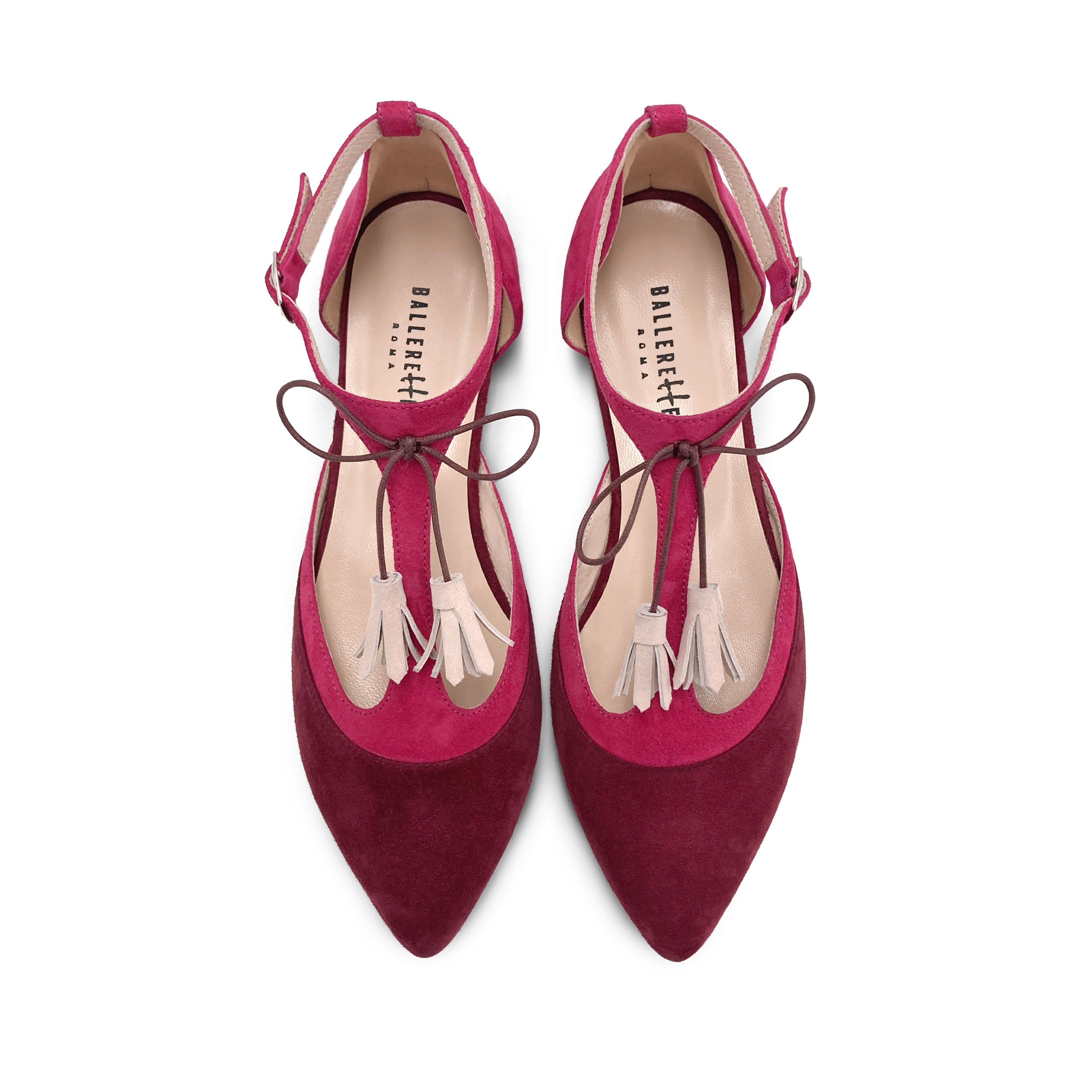 T-bar ballet flats in bordeaux and fuchsia suede