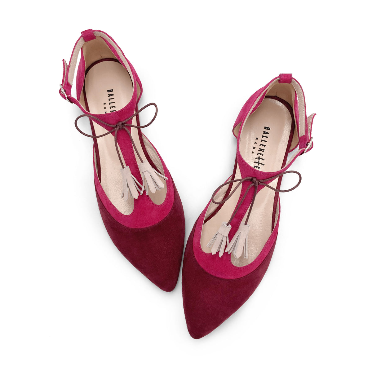 T-bar ballet flats in bordeaux and fuchsia suede