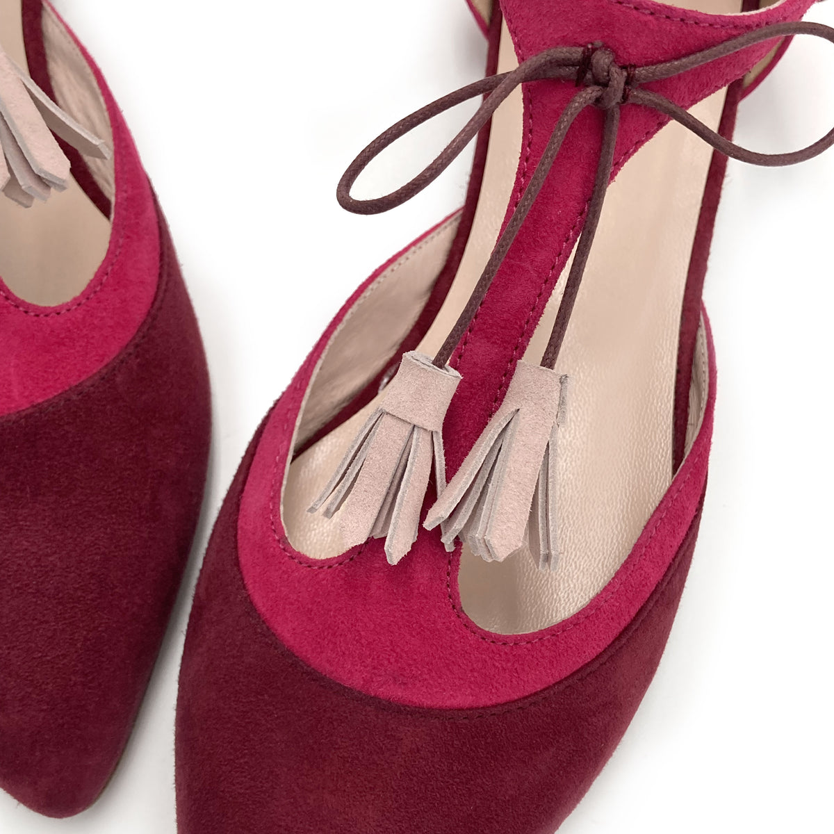 T-bar ballet flats in bordeaux and fuchsia suede